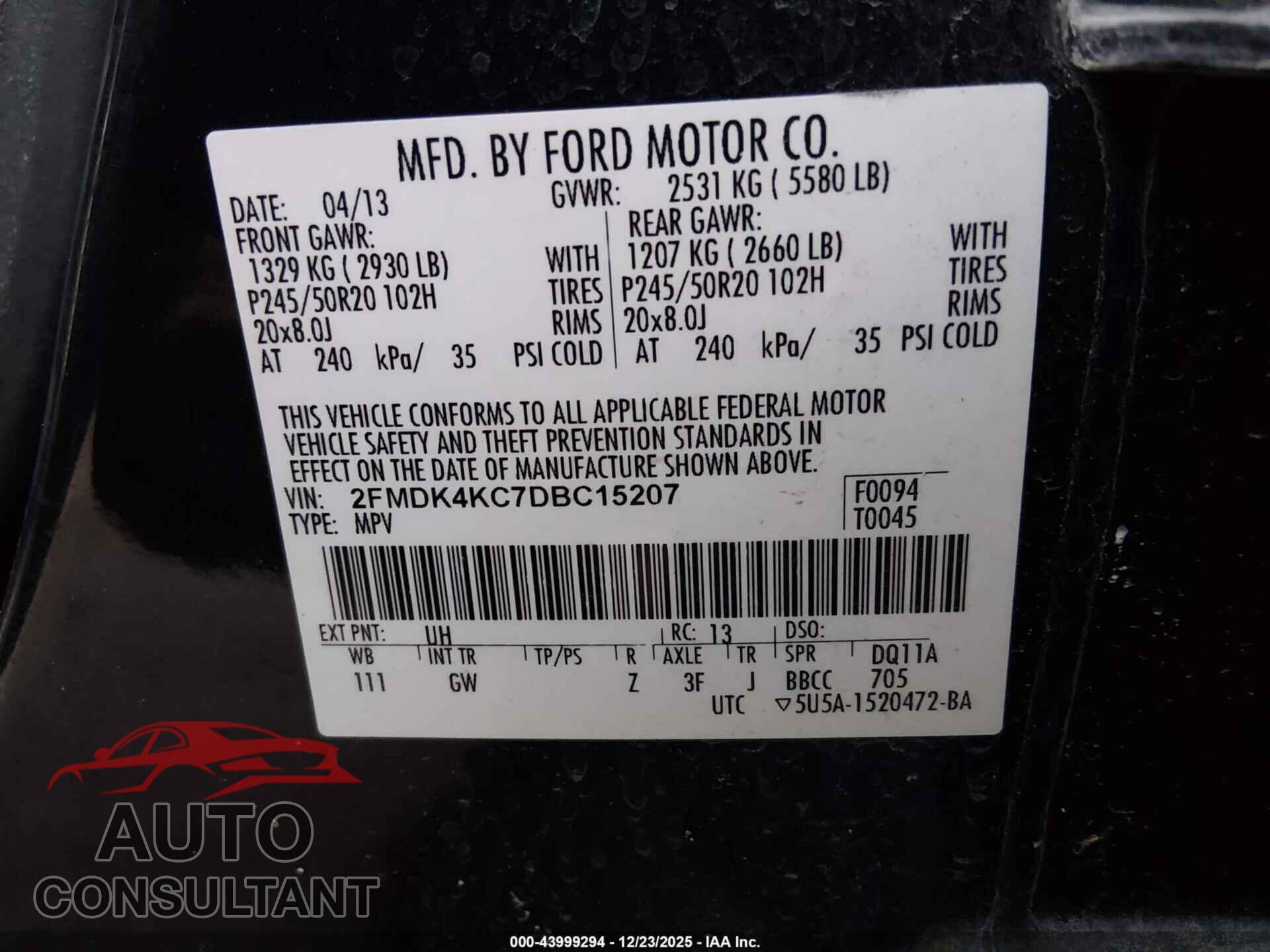 FORD EDGE 2013 - 2FMDK4KC7DBC15207