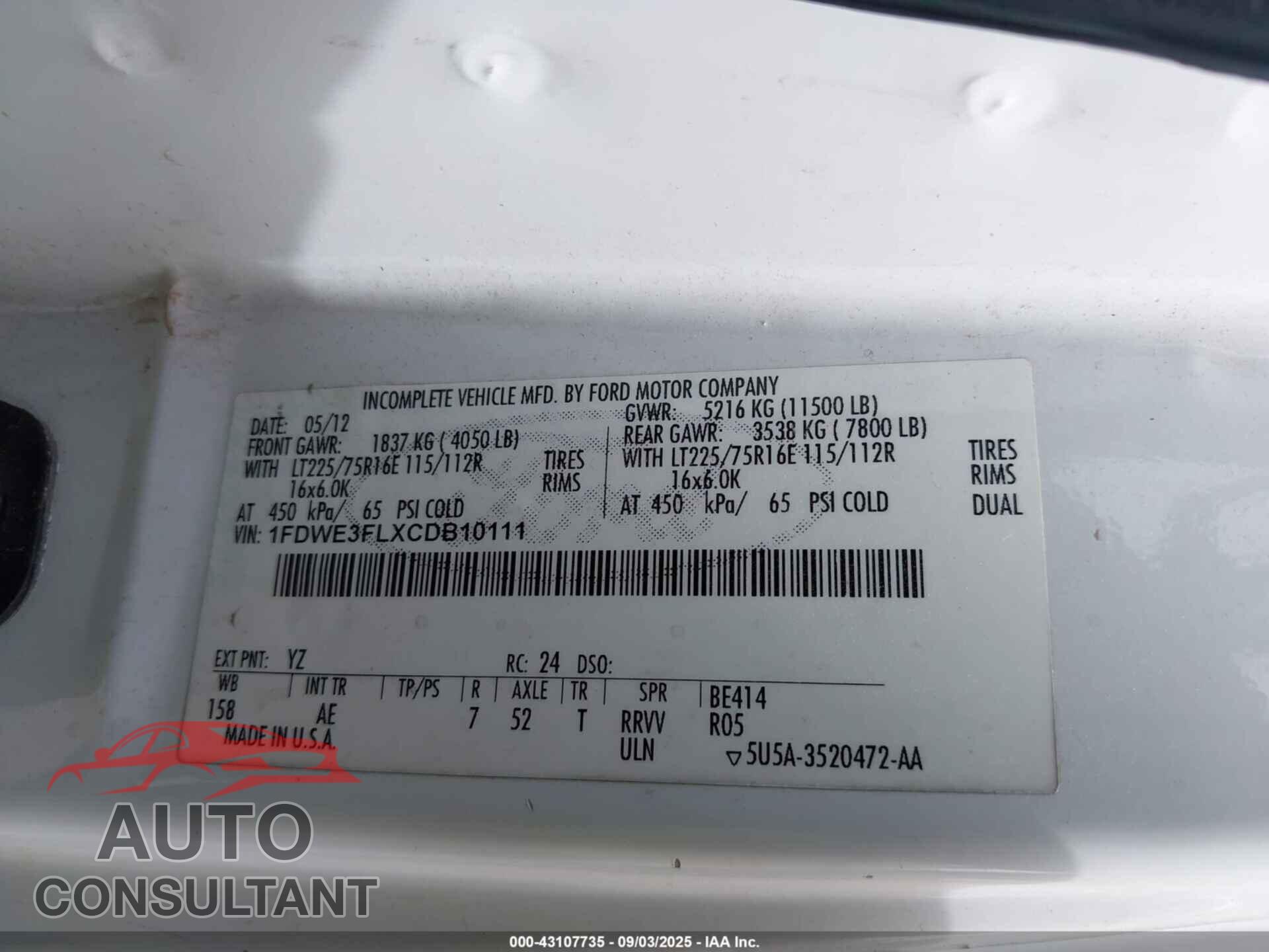 FORD E-350 CUTAWAY 2012 - 1FDWE3FLXCDB10111