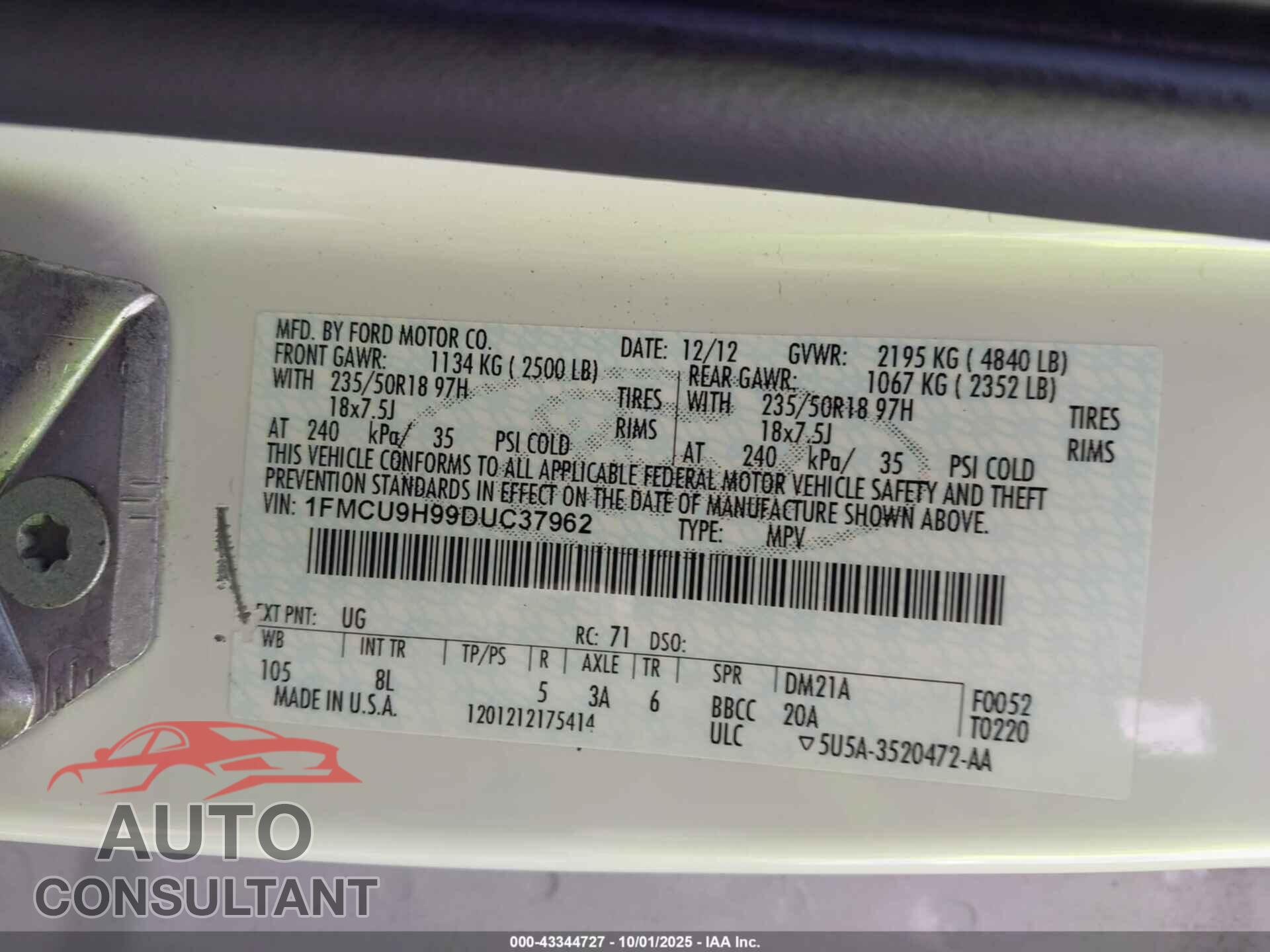 FORD ESCAPE 2013 - 1FMCU9H99DUC37962