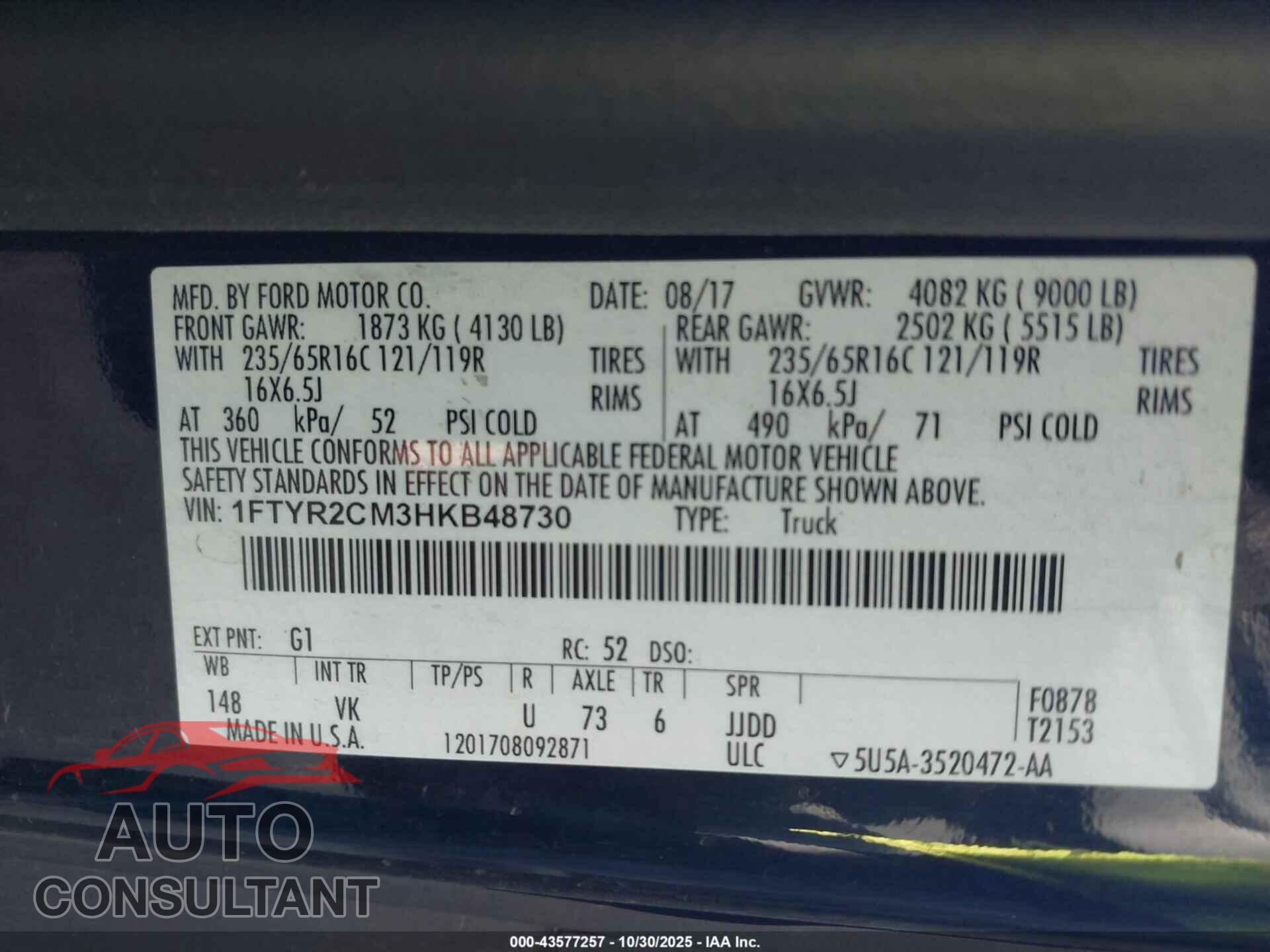 FORD TRANSIT-250 2017 - 1FTYR2CM3HKB48730