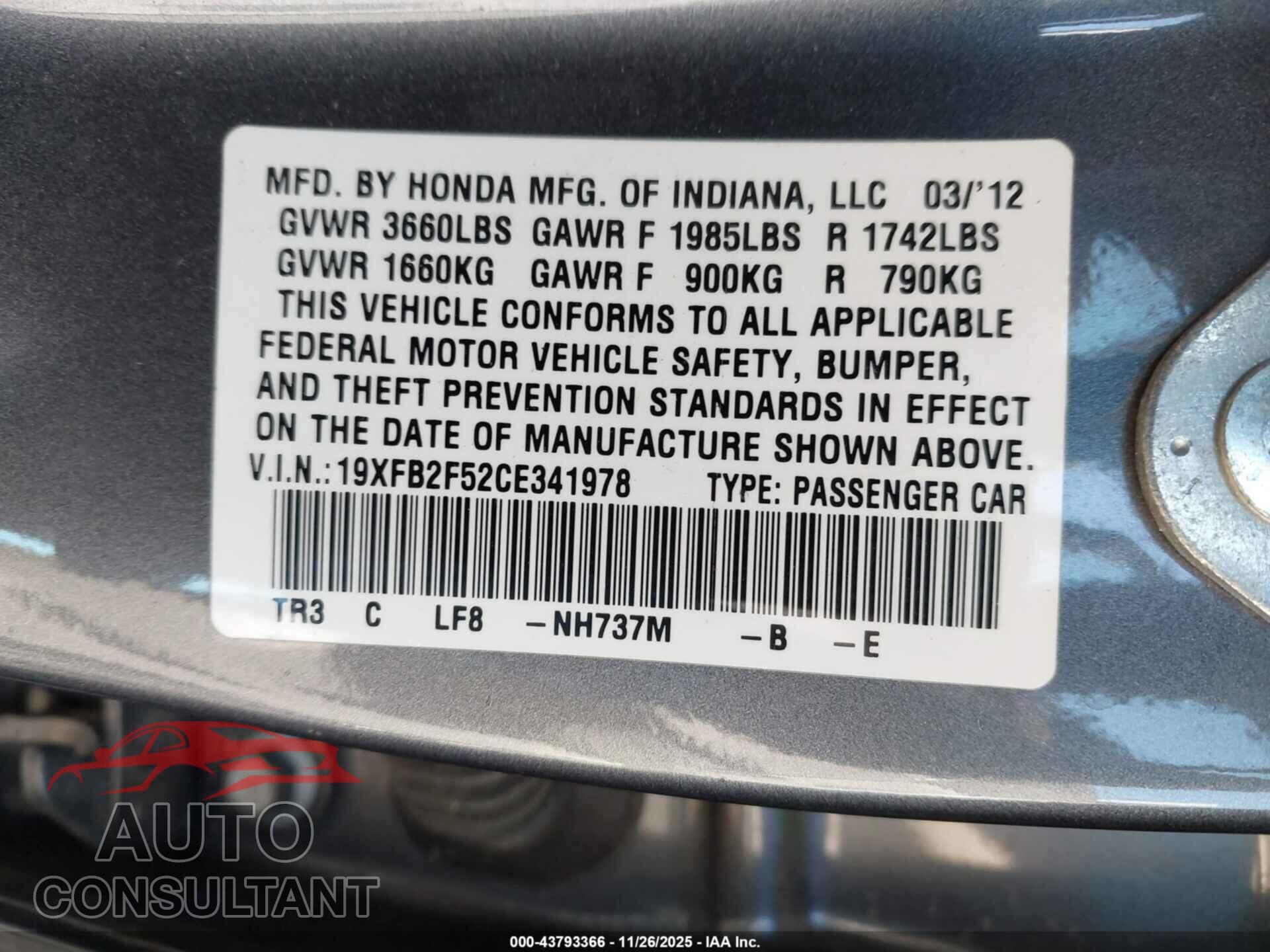 HONDA CIVIC 2012 - 19XFB2F52CE341978