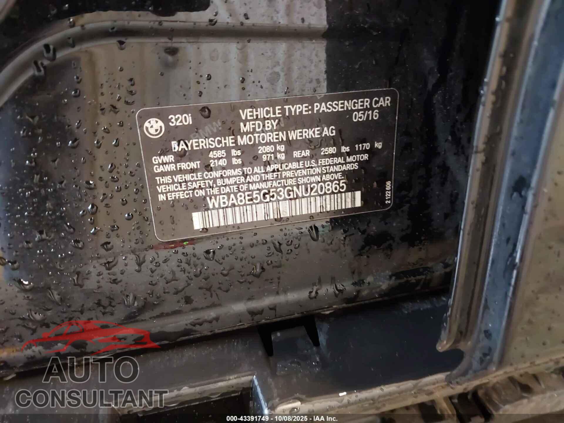 BMW 320I 2016 - WBA8E5G53GNU20865