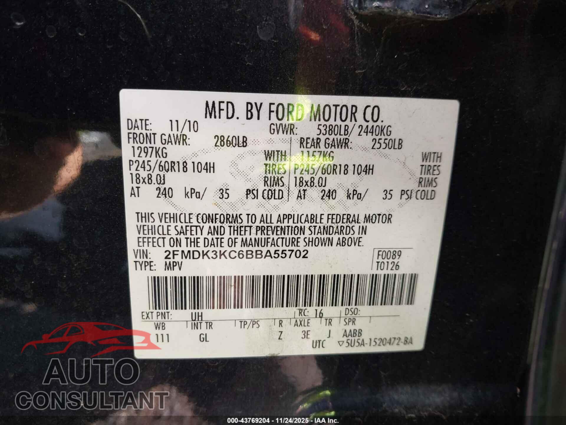 FORD EDGE 2011 - 2FMDK3KC6BBA55702