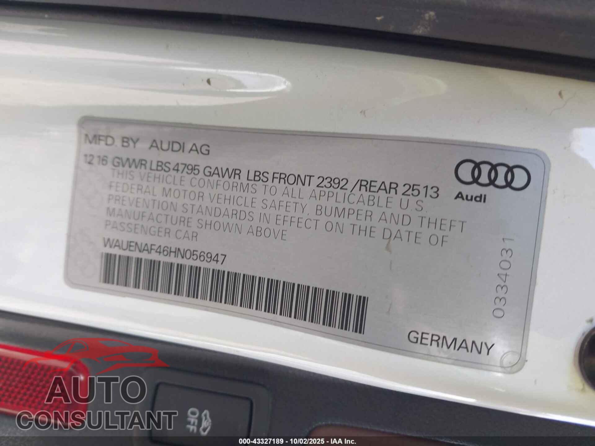 AUDI A4 2017 - WAUENAF46HN056947