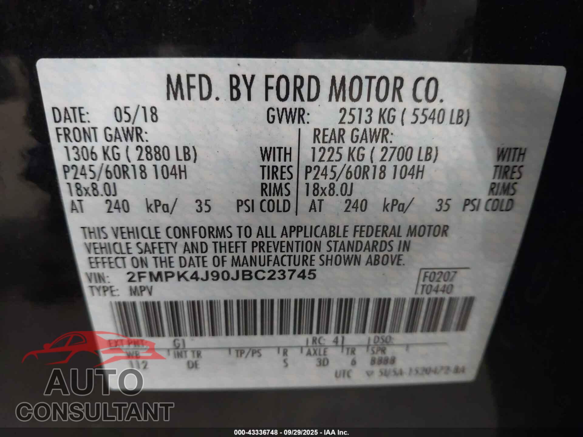 FORD EDGE 2018 - 2FMPK4J90JBC23745