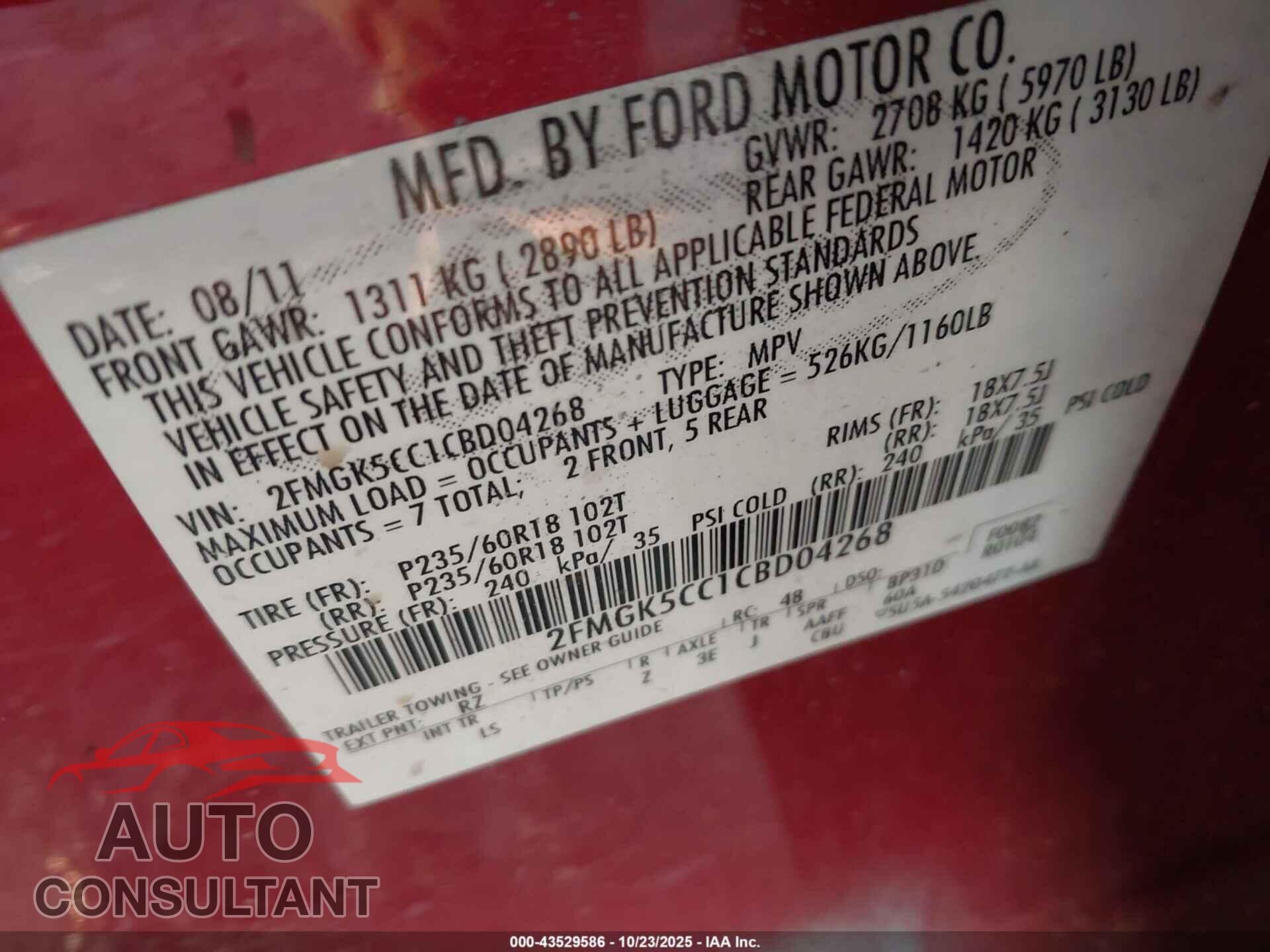 FORD FLEX 2012 - 2FMGK5CC1CBD04268