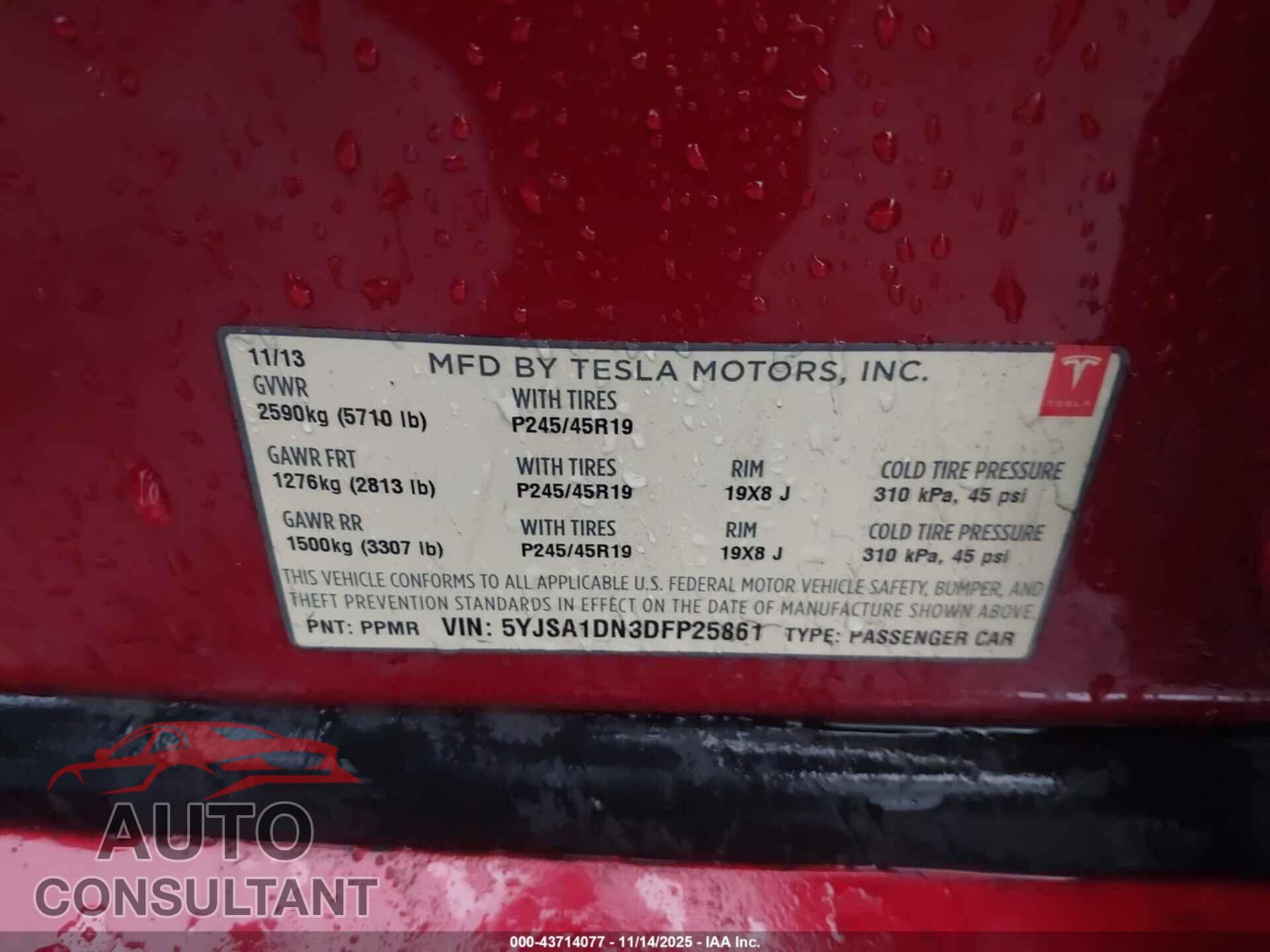TESLA MODEL S 2013 - 5YJSA1DN3DFP25861