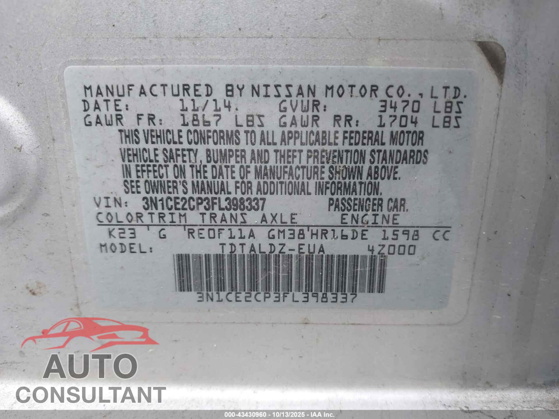 NISSAN VERSA NOTE 2015 - 3N1CE2CP3FL398337