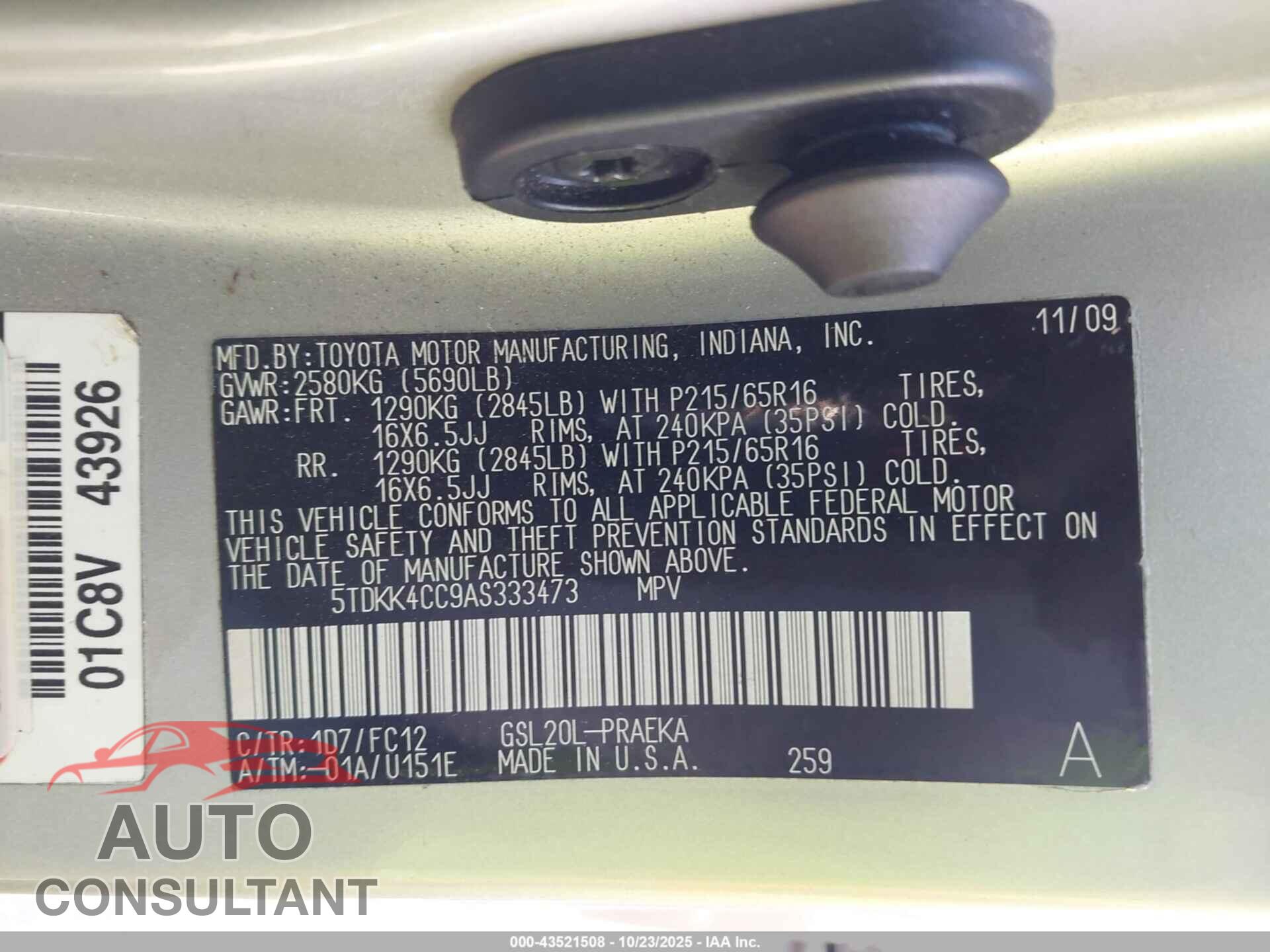 TOYOTA SIENNA 2010 - 5TDKK4CC9AS333473