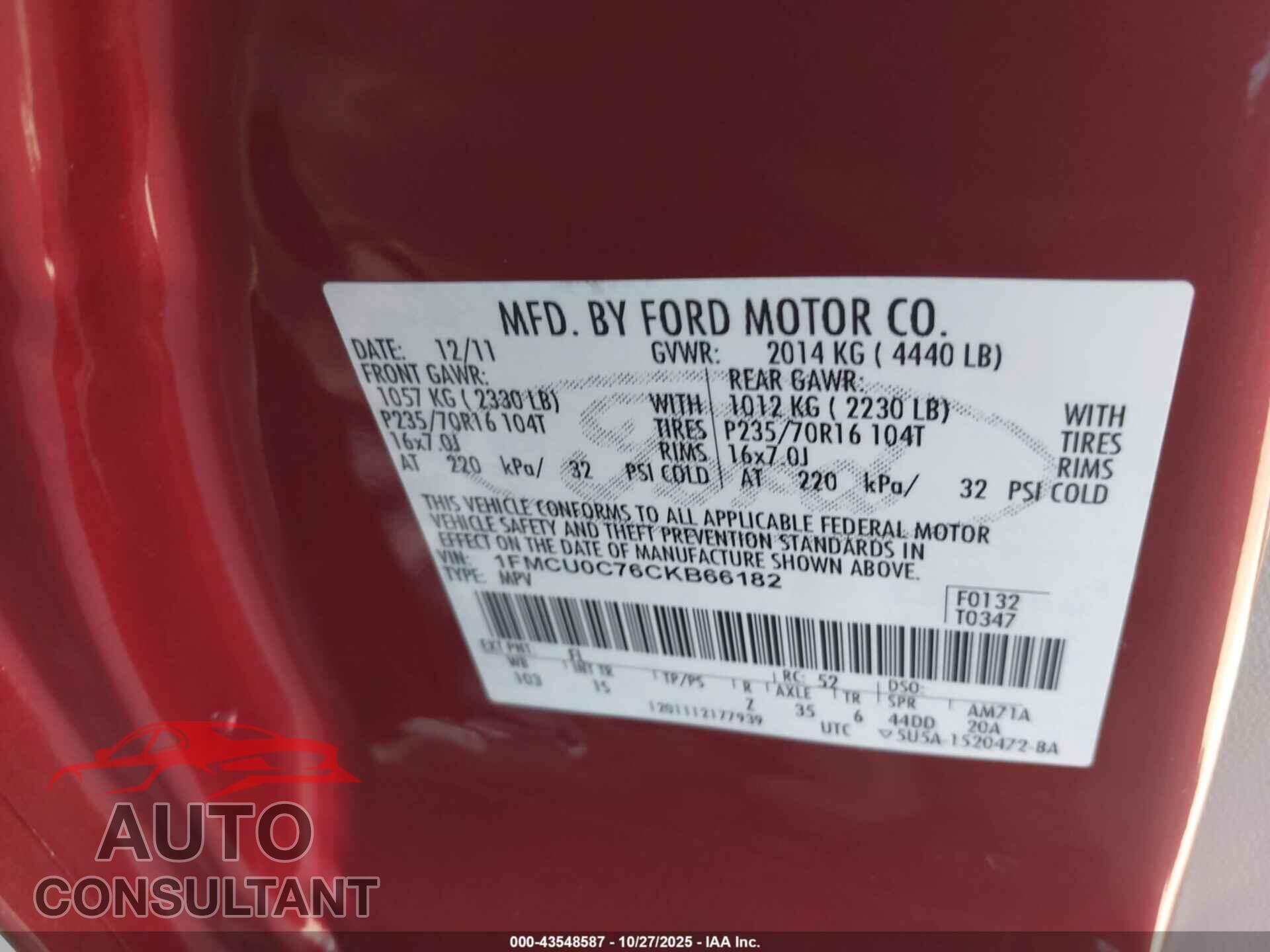 FORD ESCAPE 2012 - 1FMCU0C76CKB66182