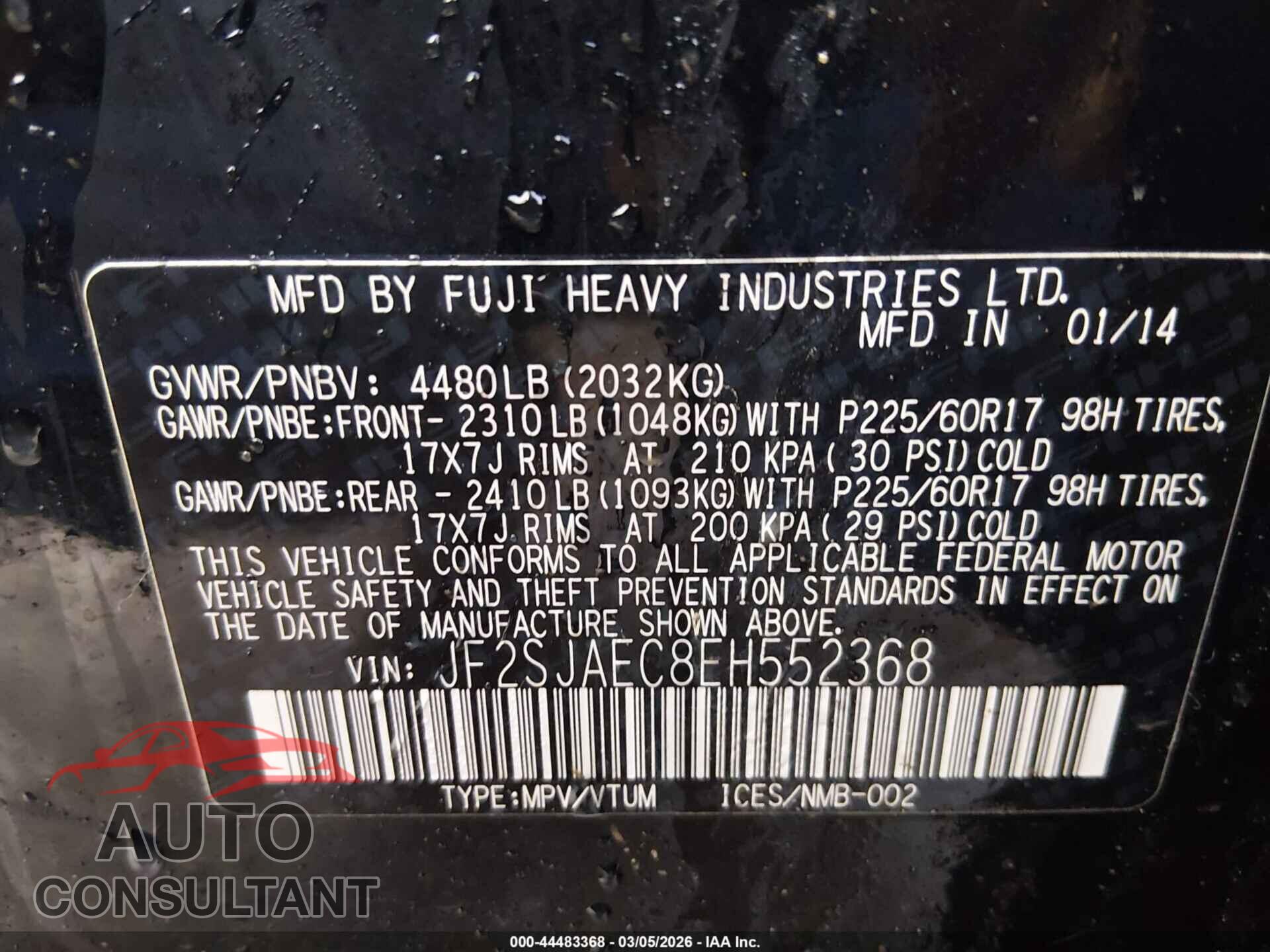 SUBARU FORESTER 2014 - JF2SJAEC8EH552368