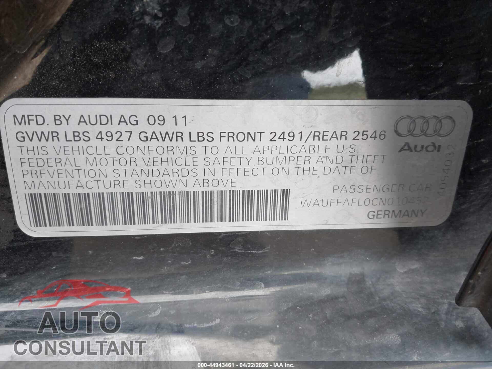 AUDI A4 2012 - WAUFFAFL0CN010452