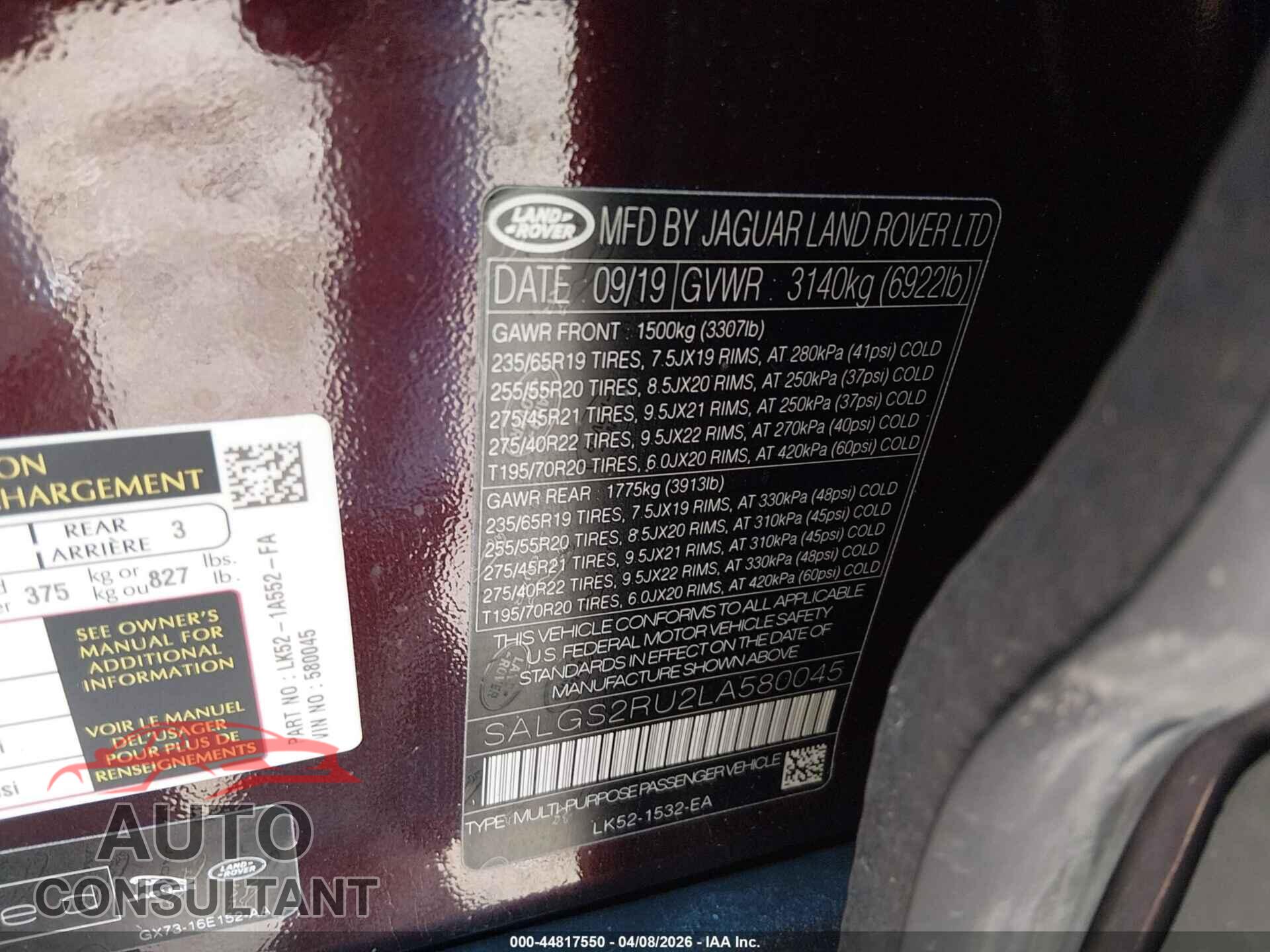 LAND ROVER RANGE ROVER 2020 - SALGS2RU2LA580045
