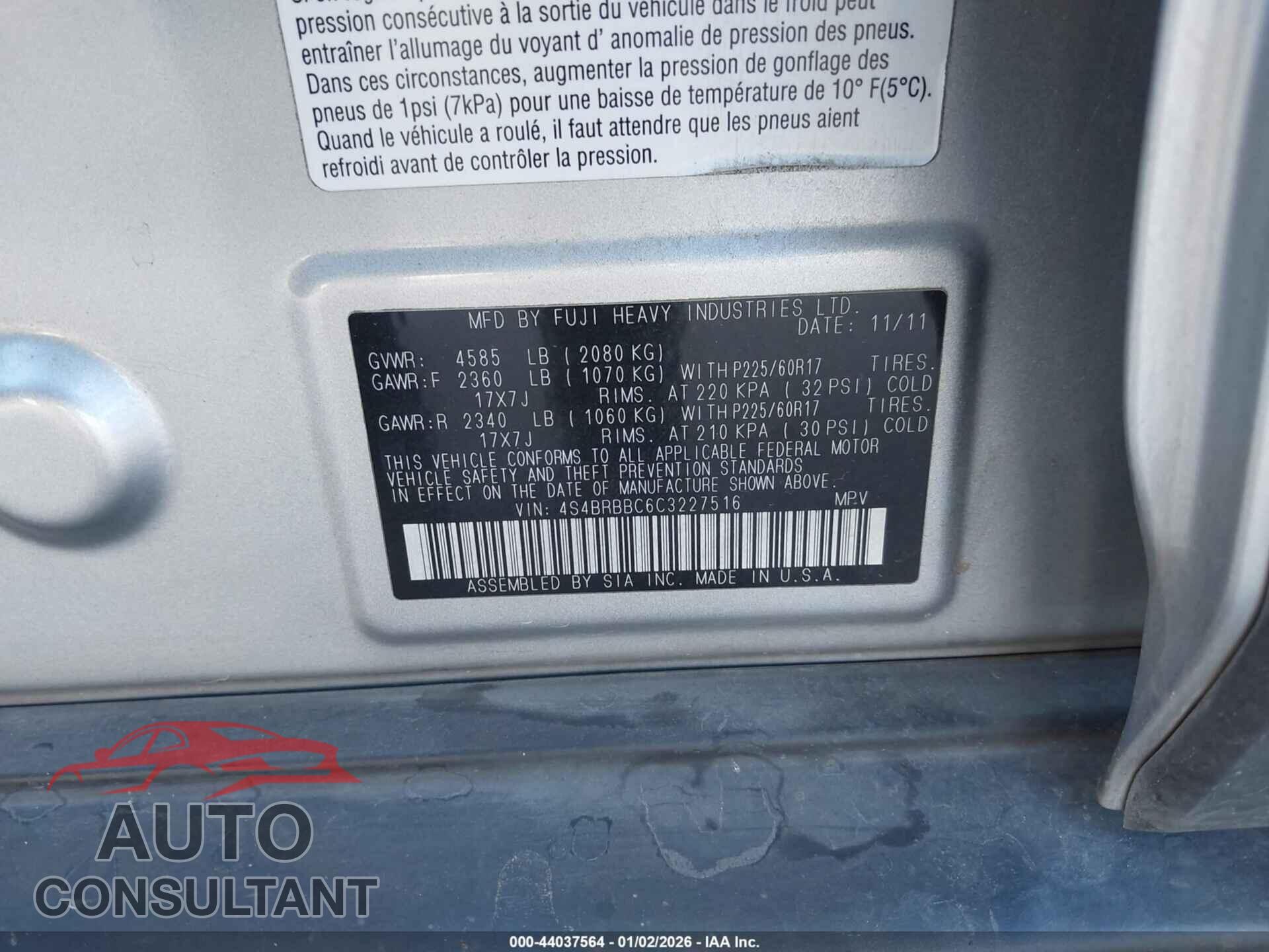 SUBARU OUTBACK 2012 - 4S4BRBBC6C3227516