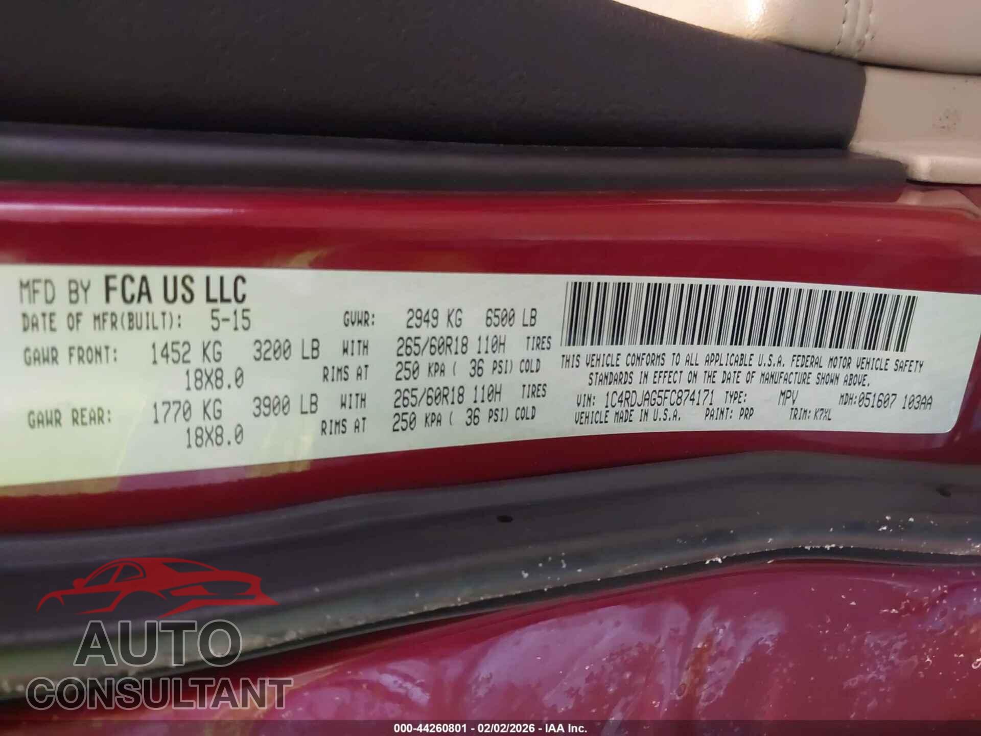 DODGE DURANGO 2015 - 1C4RDJAG5FC874171