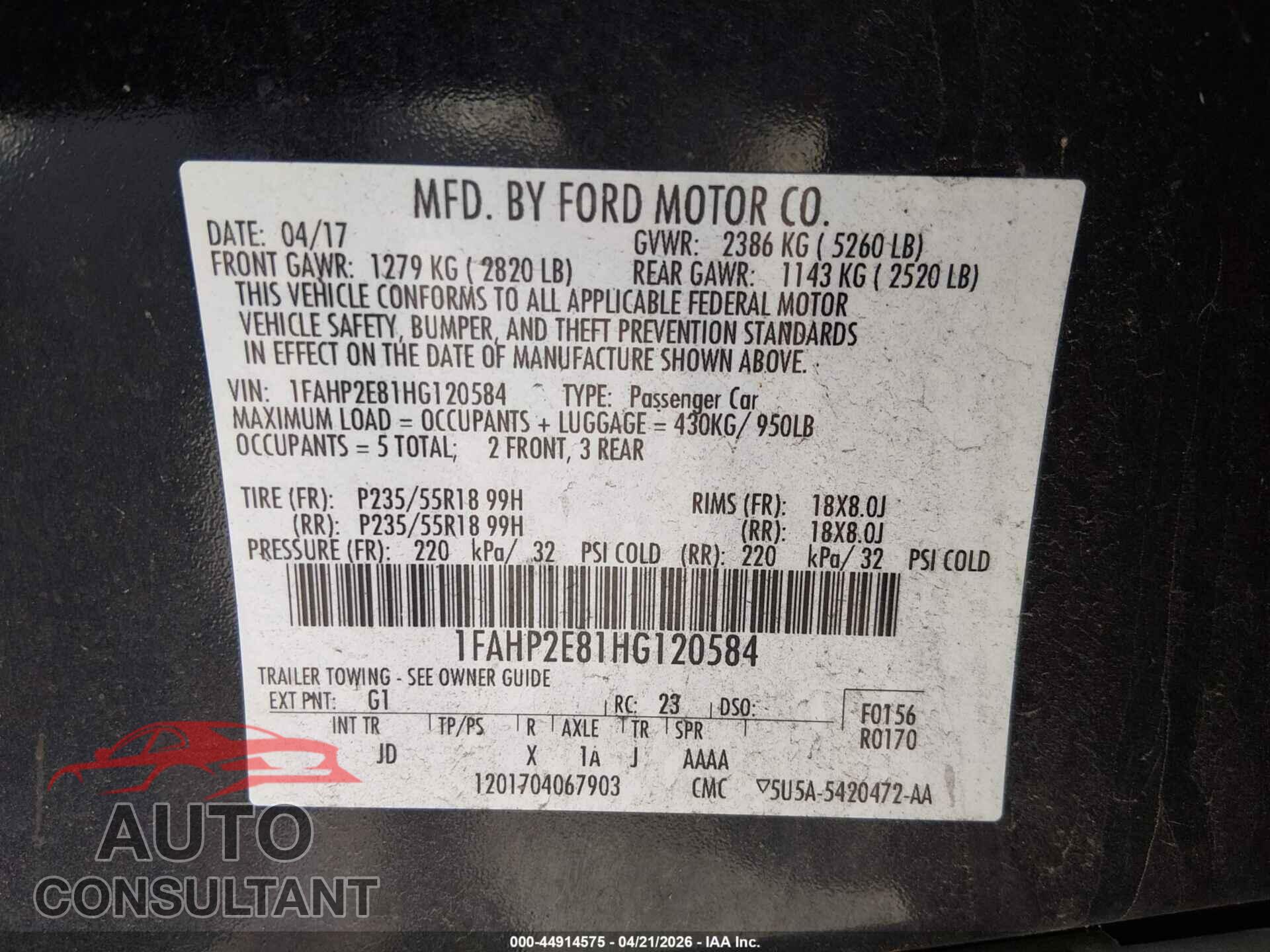 FORD TAURUS 2017 - 1FAHP2E81HG120584