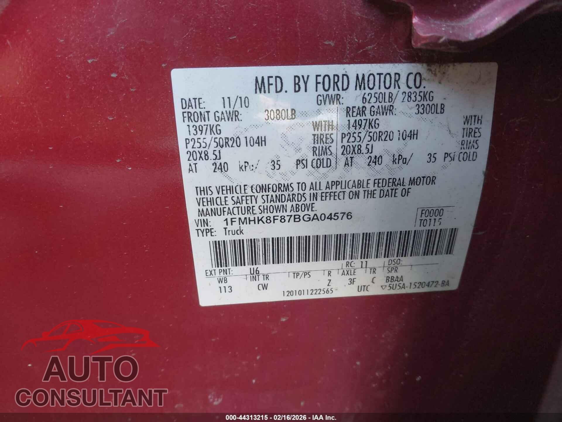FORD EXPLORER 2011 - 1FMHK8F87BGA04576