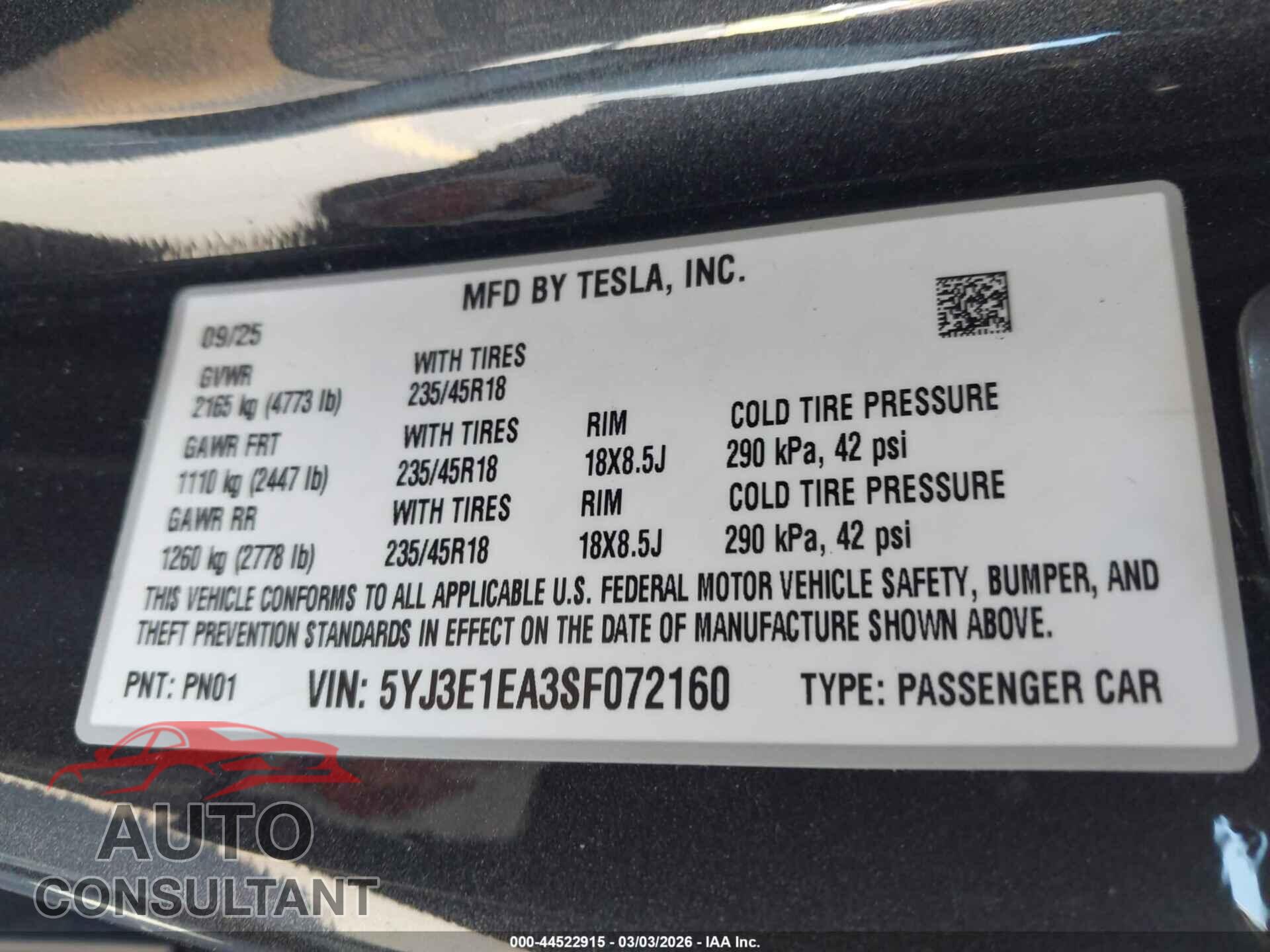 TESLA MODEL 3 2025 - 5YJ3E1EA3SF072160