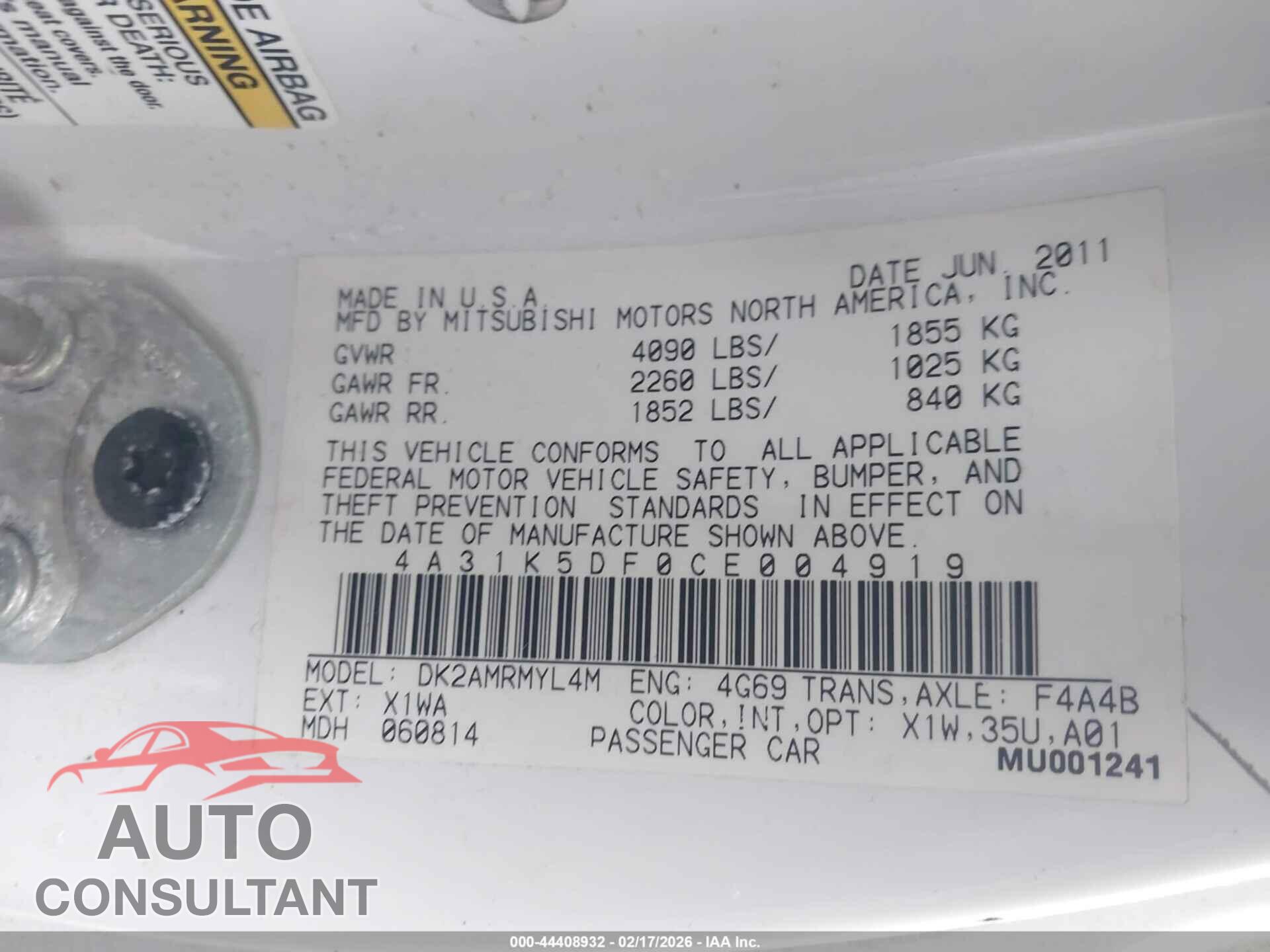 MITSUBISHI ECLIPSE 2012 - 4A31K5DF0CE004919