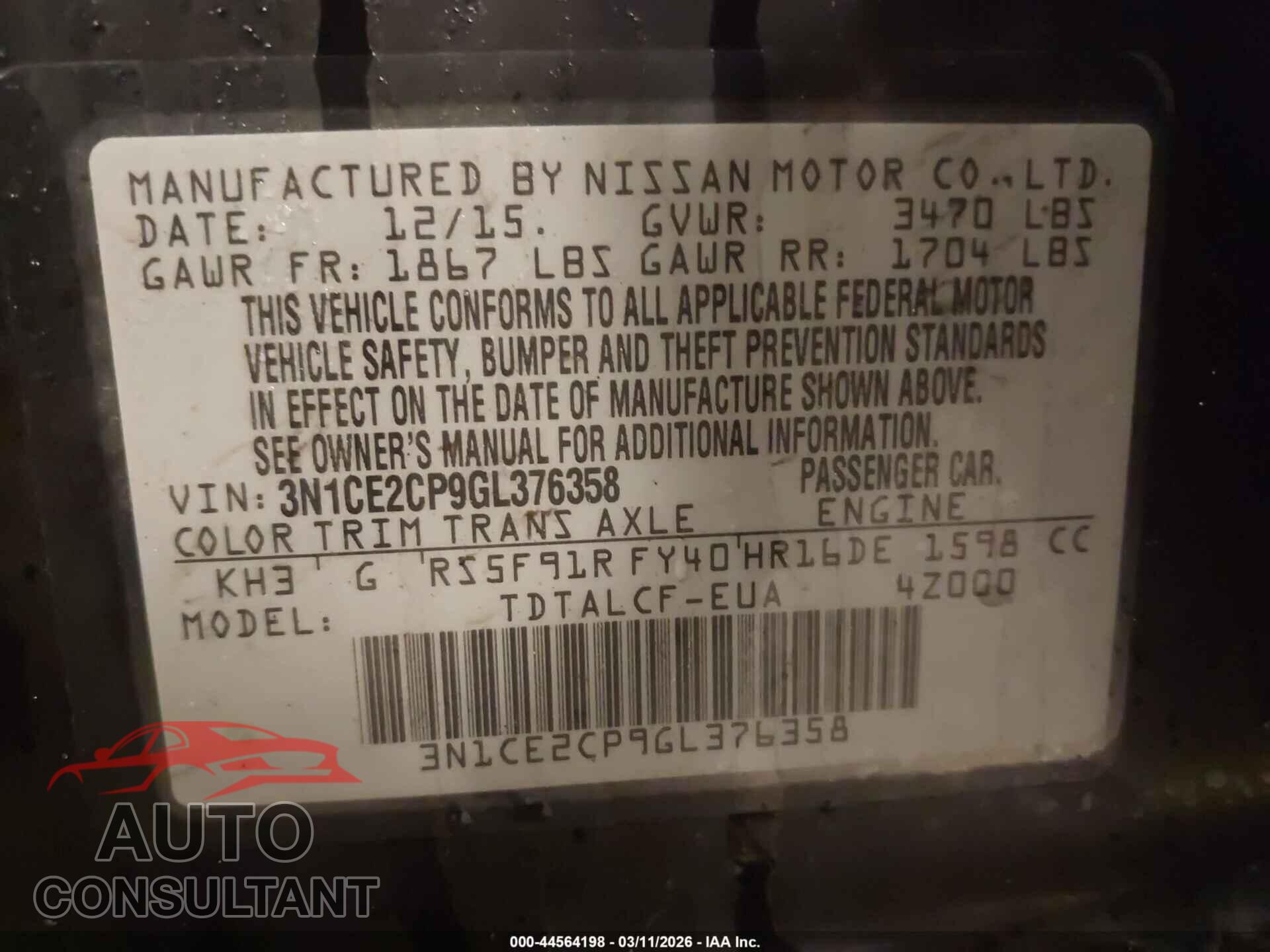 NISSAN VERSA NOTE 2016 - 3N1CE2CP9GL376358