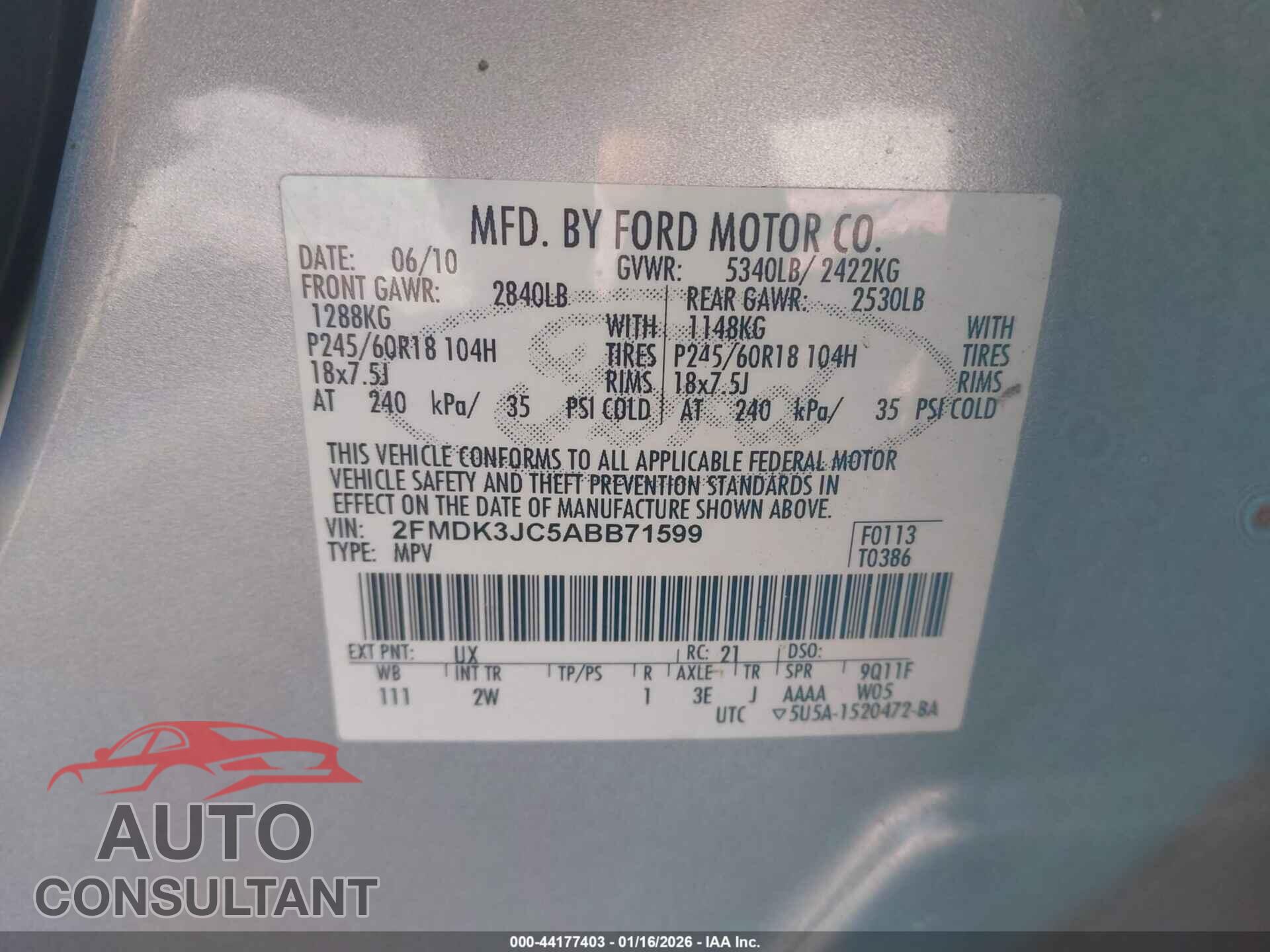 FORD EDGE 2010 - 2FMDK3JC5ABB71599