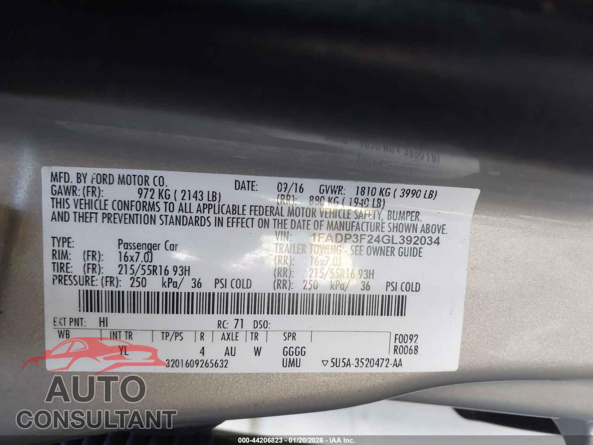 FORD FOCUS 2016 - 1FADP3F24GL392034