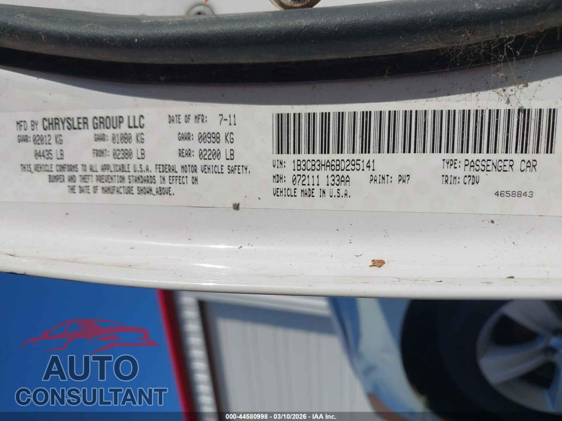 DODGE CALIBER 2011 - 1B3CB3HA6BD295141