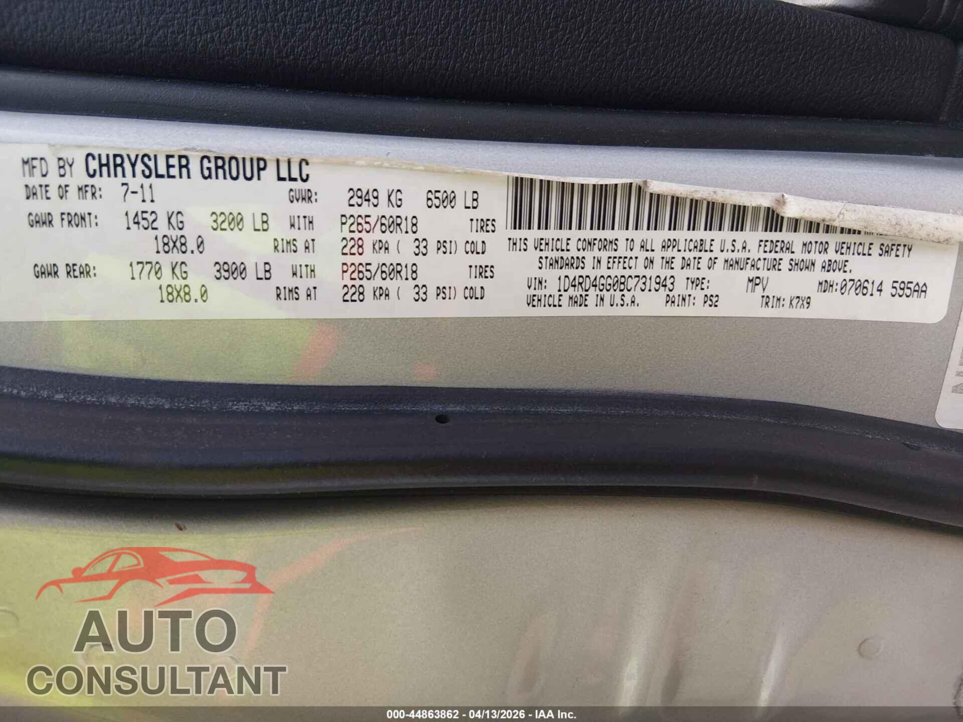 DODGE DURANGO 2011 - 1D4RD4GG0BC731943