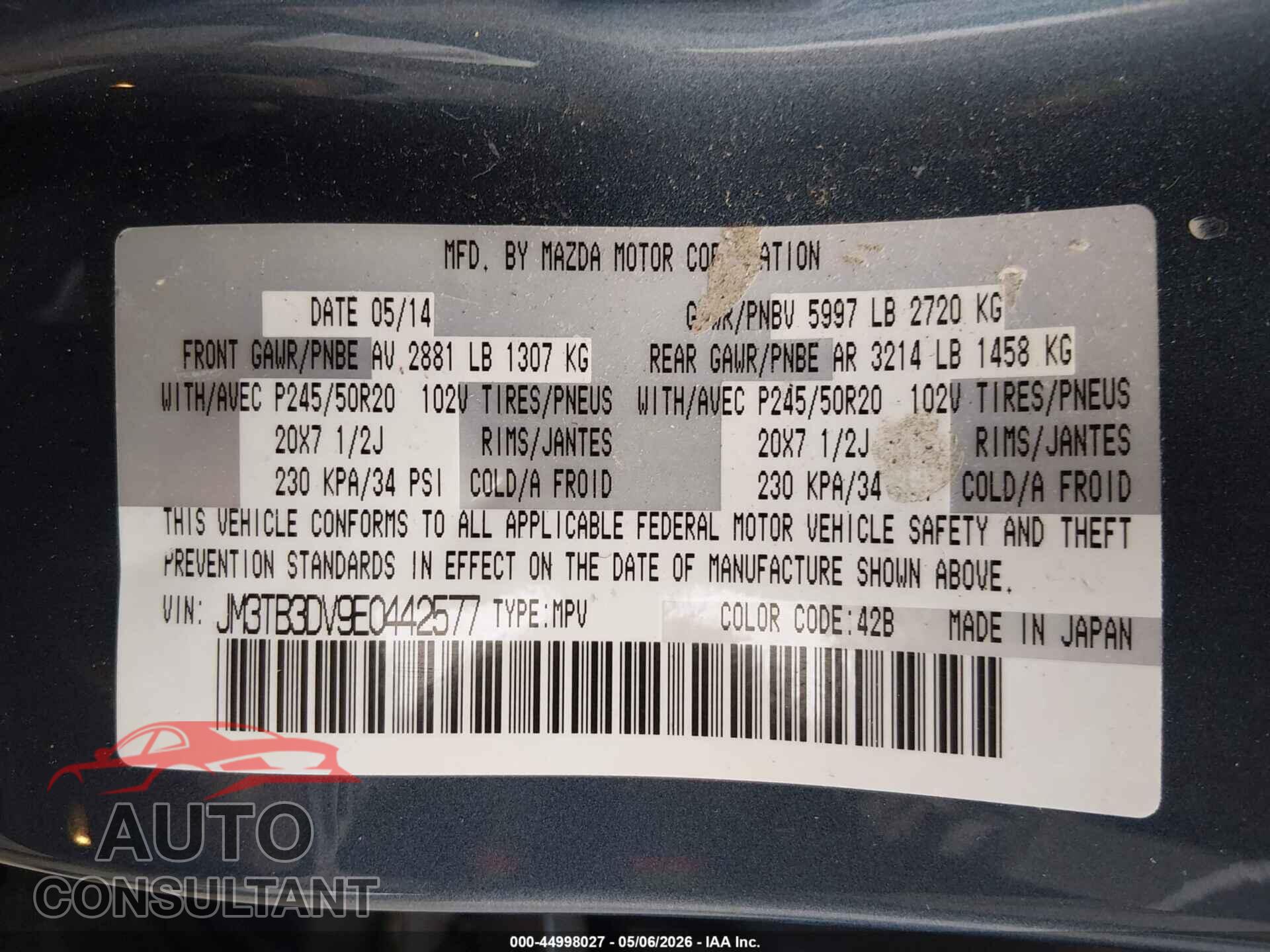 MAZDA CX-9 2014 - JM3TB3DV9E0442577