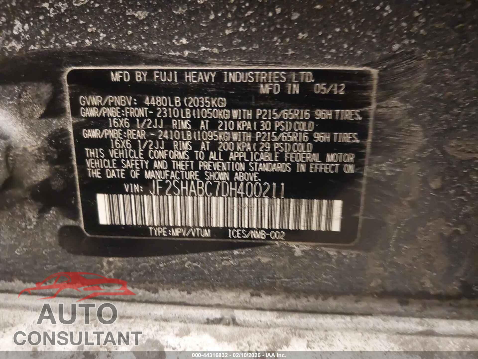 SUBARU FORESTER 2013 - JF2SHABC7D8400211