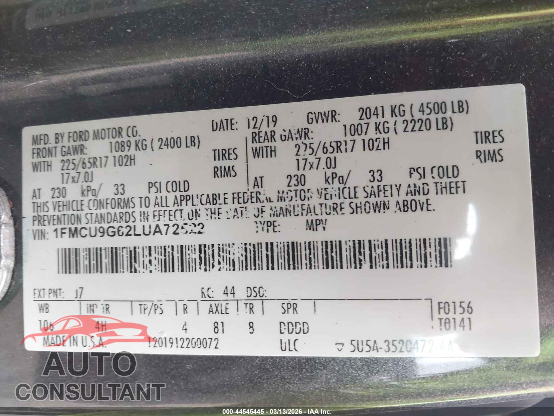 FORD ESCAPE 2020 - 1FMCU9G62LUA72522