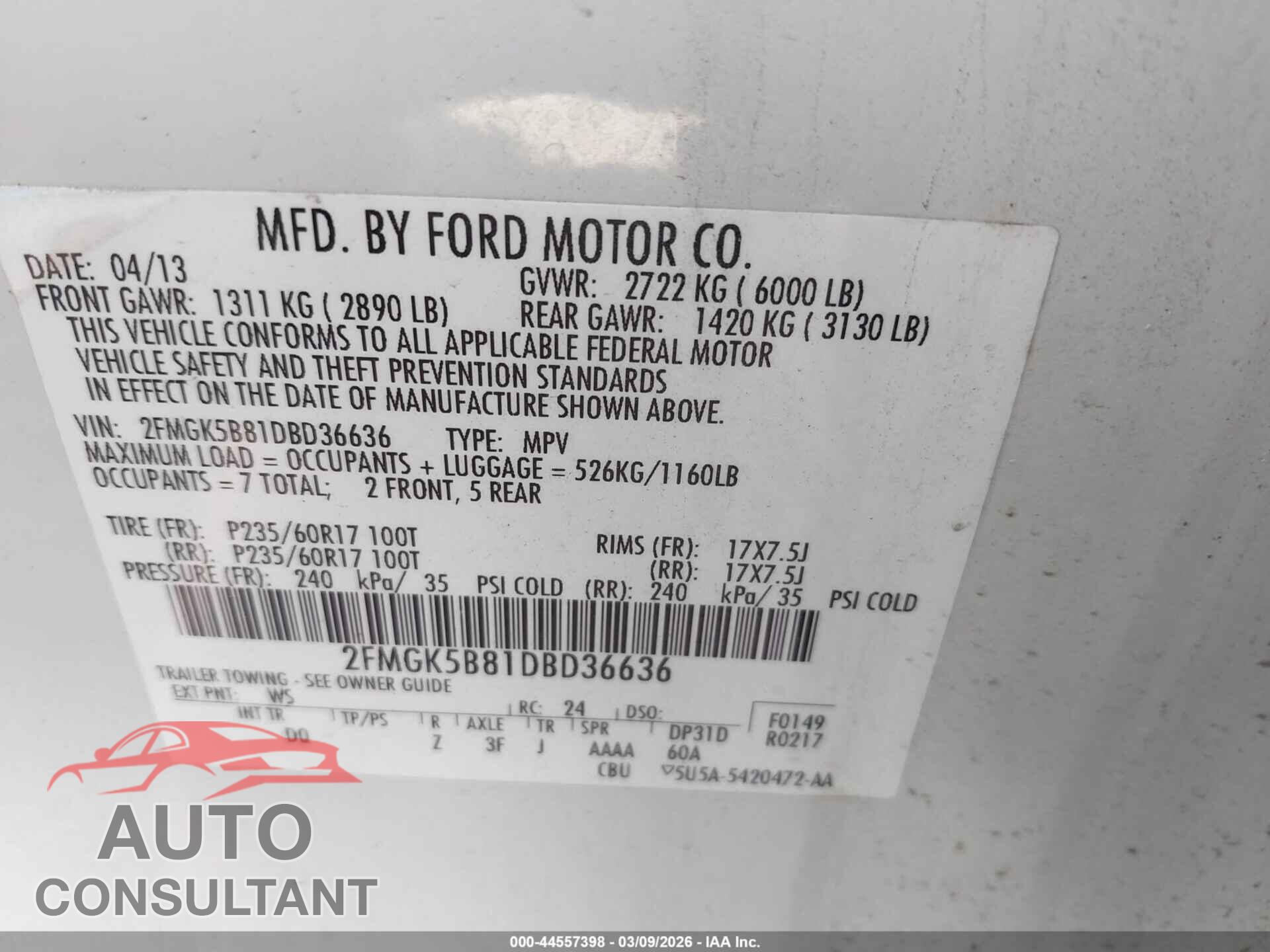 FORD FLEX 2013 - 2FMGK5B81DBD36636