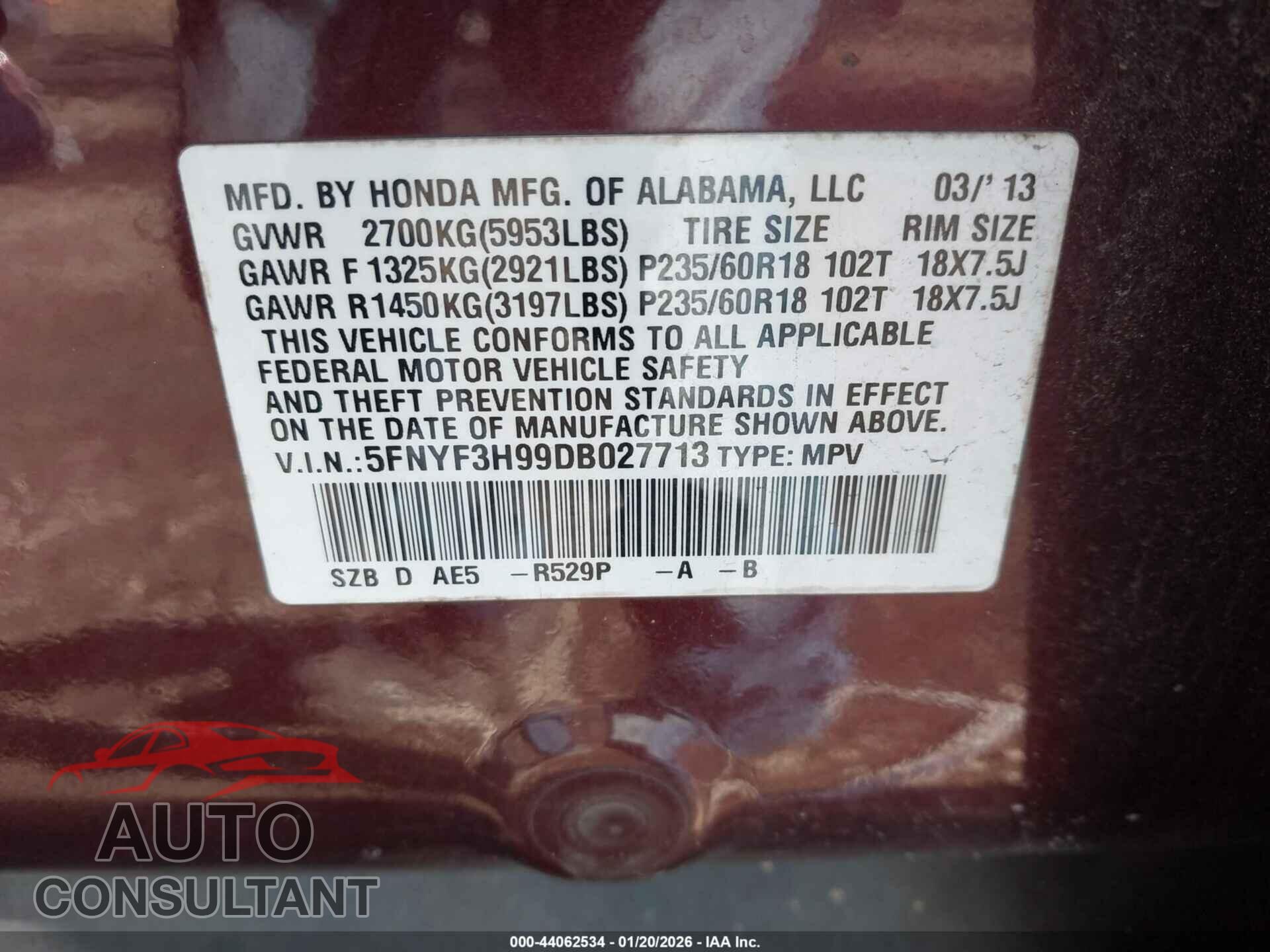 HONDA PILOT 2013 - 5FNYF3H99DB027713