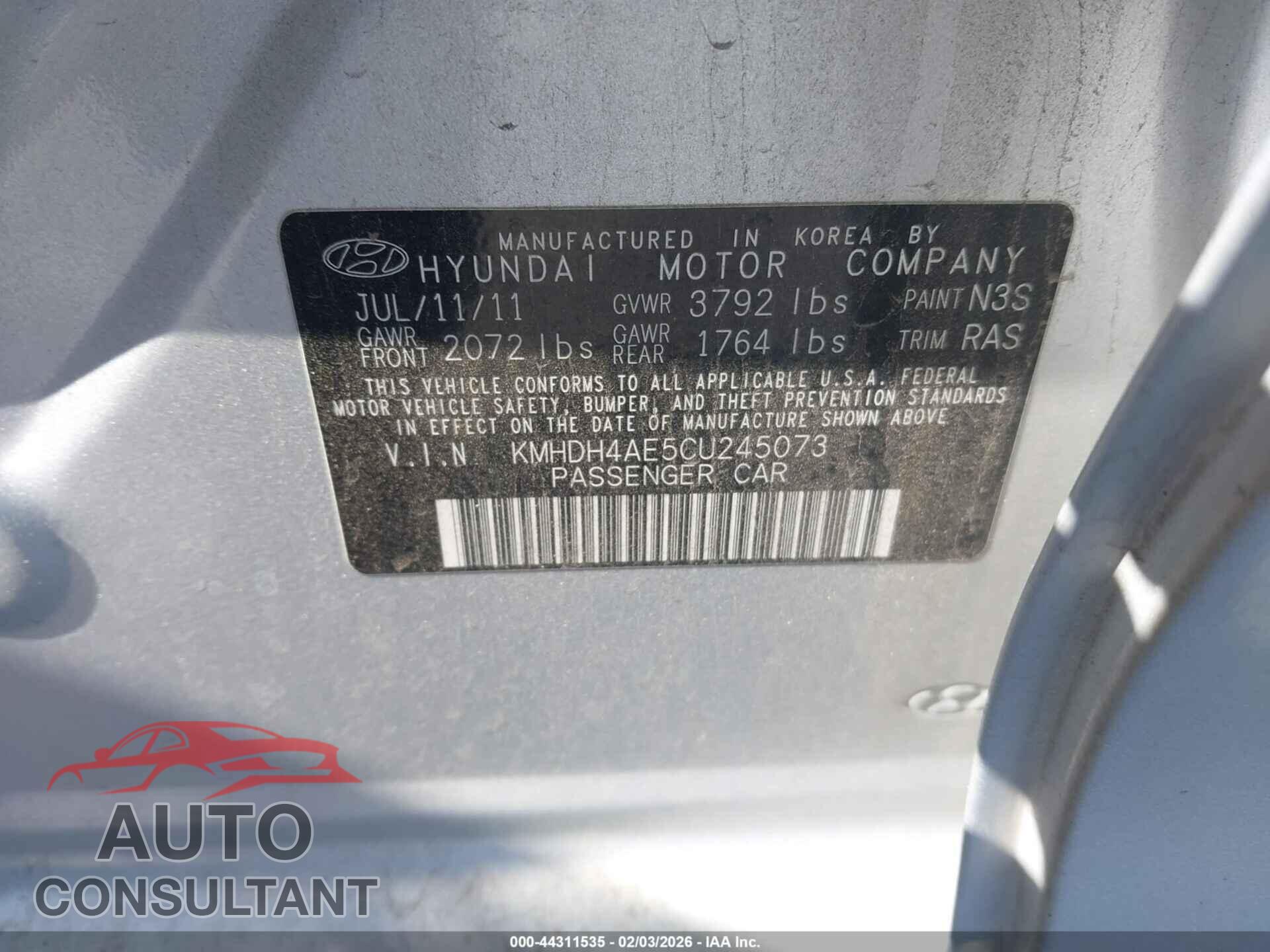 HYUNDAI ELANTRA 2012 - KMHDH4AE5CU245073
