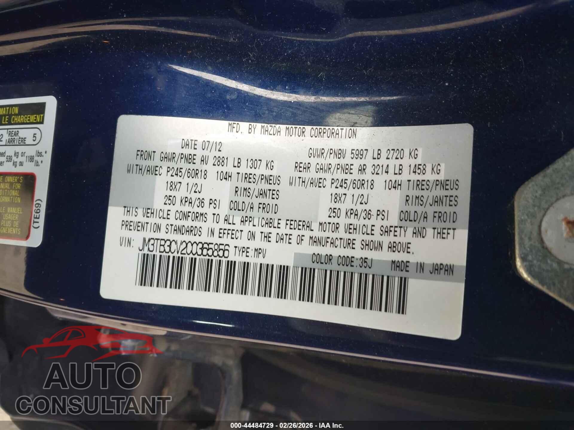 MAZDA CX-9 2012 - JM3TB3CV2C0365856