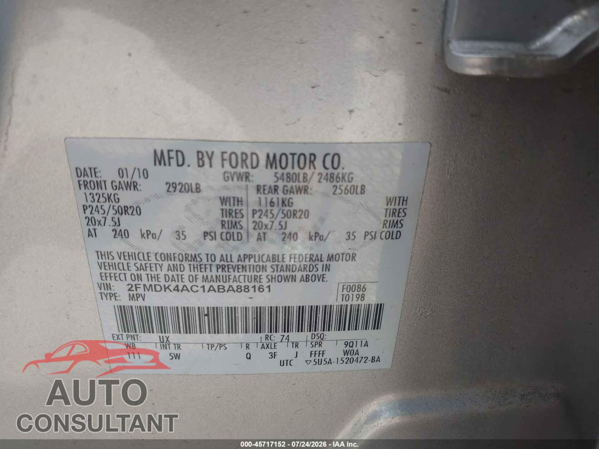 FORD EDGE 2010 - 2FMDK4AC1ABA88161
