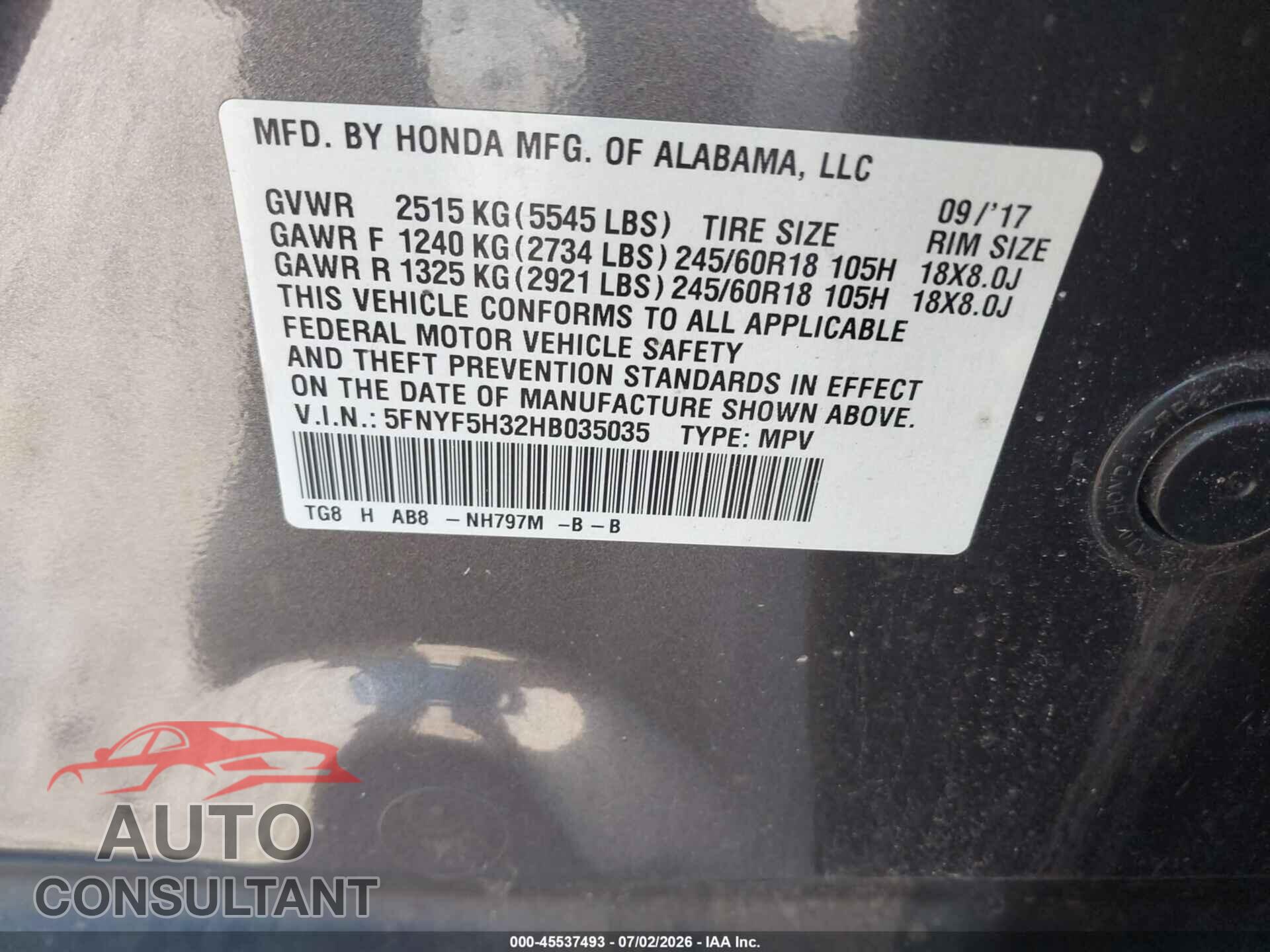 HONDA PILOT 2017 - 5FNYF5H32HB035035