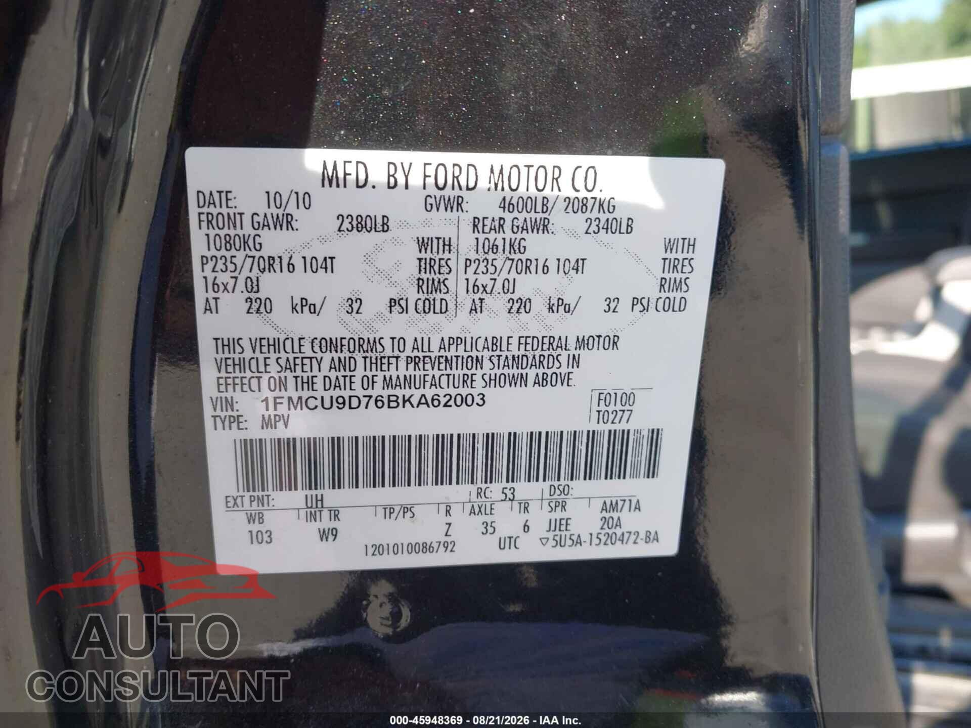 FORD ESCAPE 2011 - 1FMCU9D76BKA62003