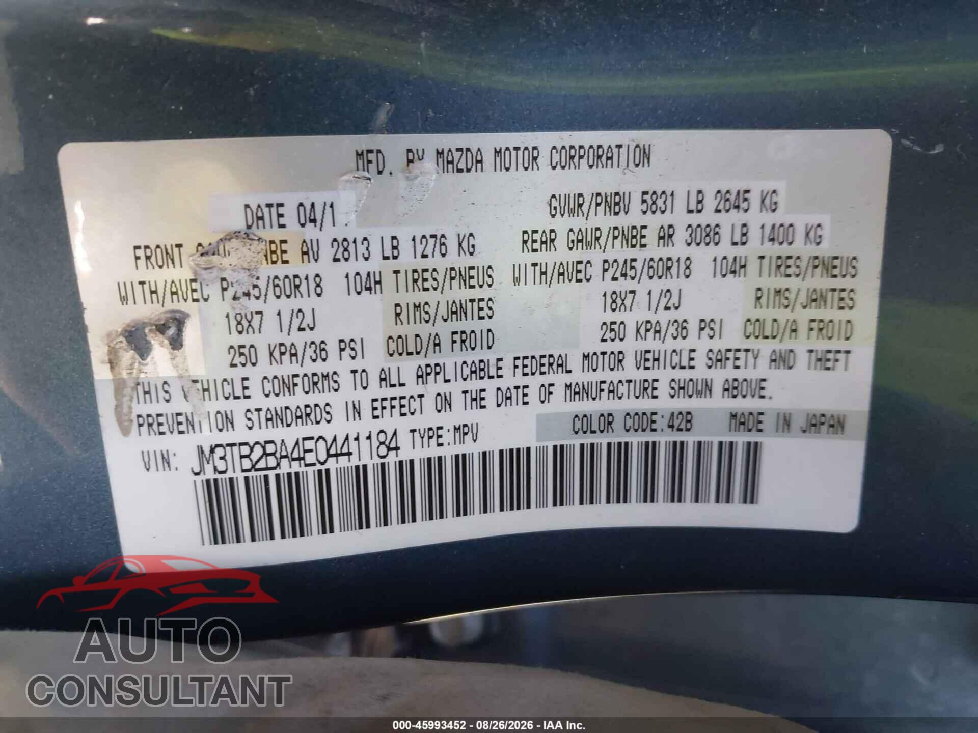 MAZDA CX-9 2014 - JM3TB2BA4E0441184