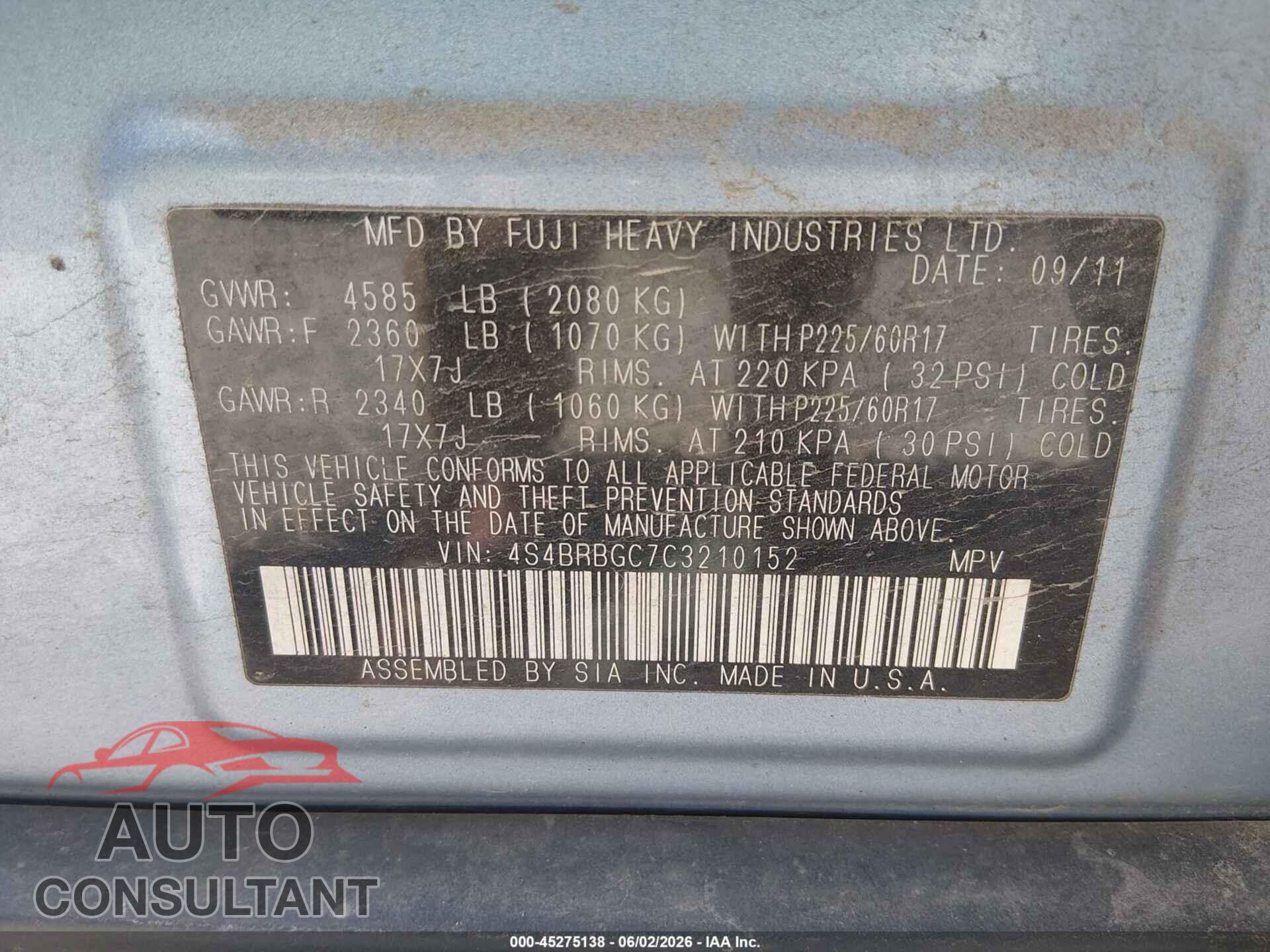 SUBARU OUTBACK 2012 - 4S4BRBGC7C3210152