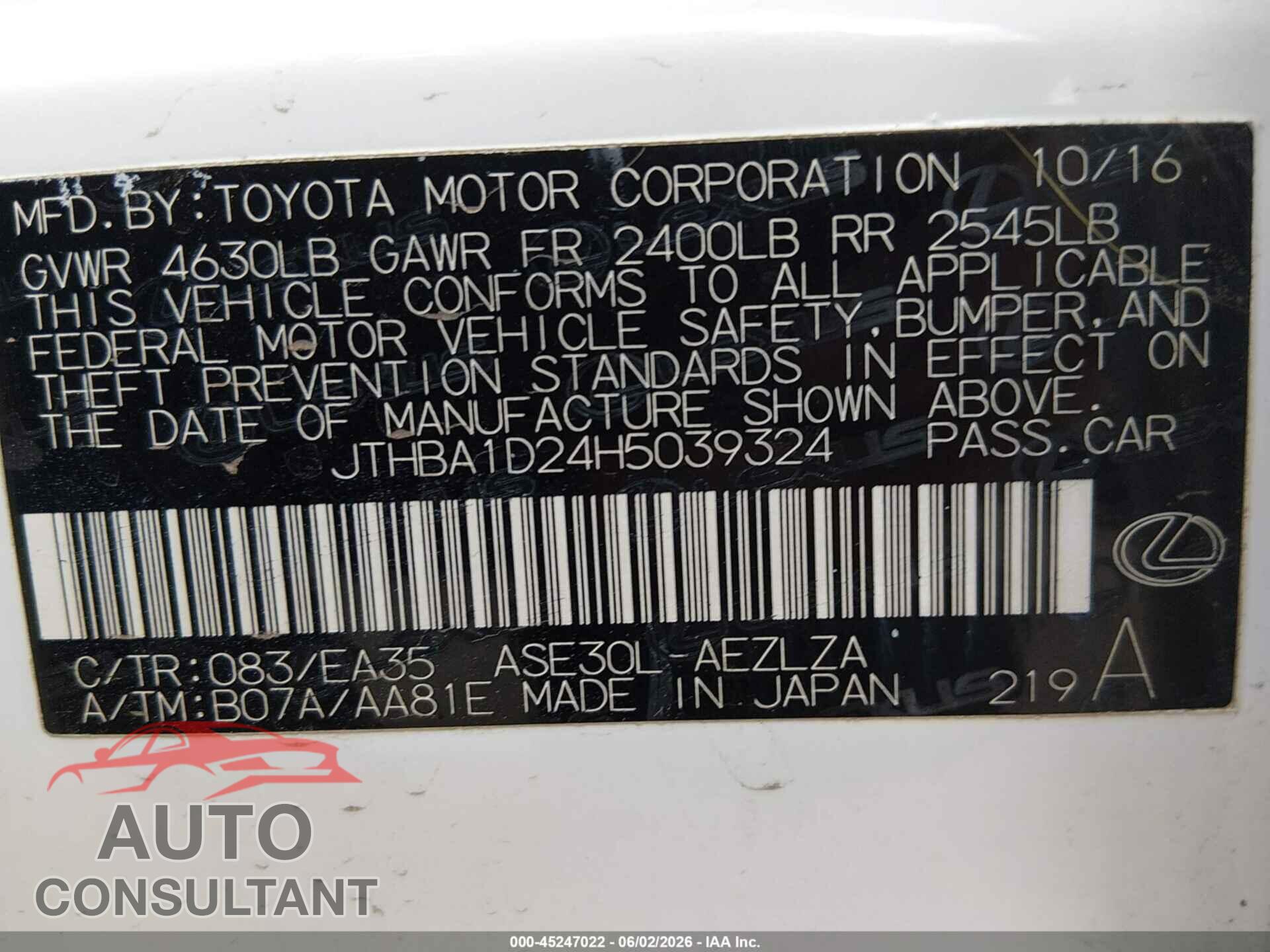 LEXUS IS 200T 2017 - JTHBA1D24H5039324