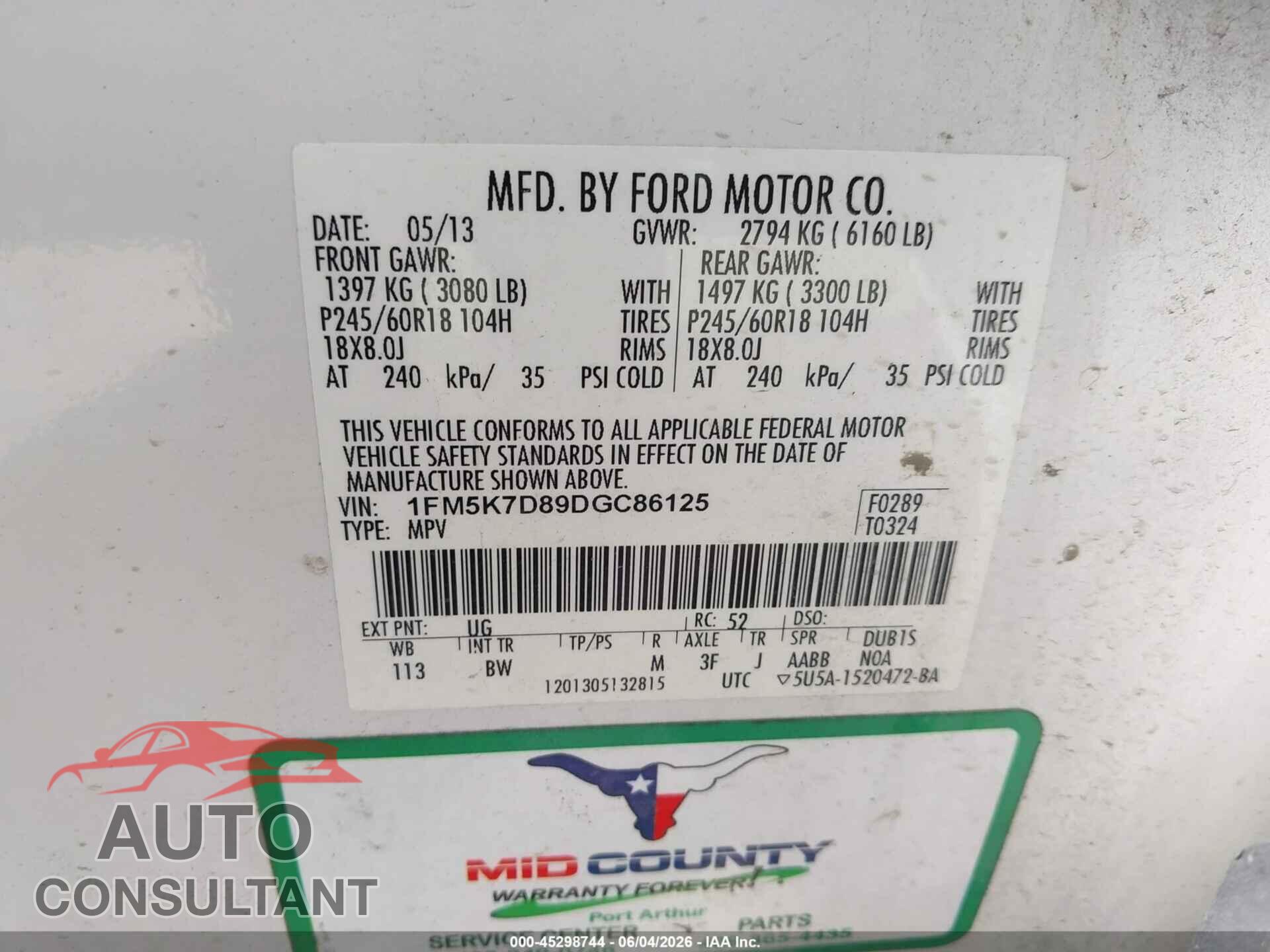 FORD EXPLORER 2013 - 1FM5K7D89DGC86125