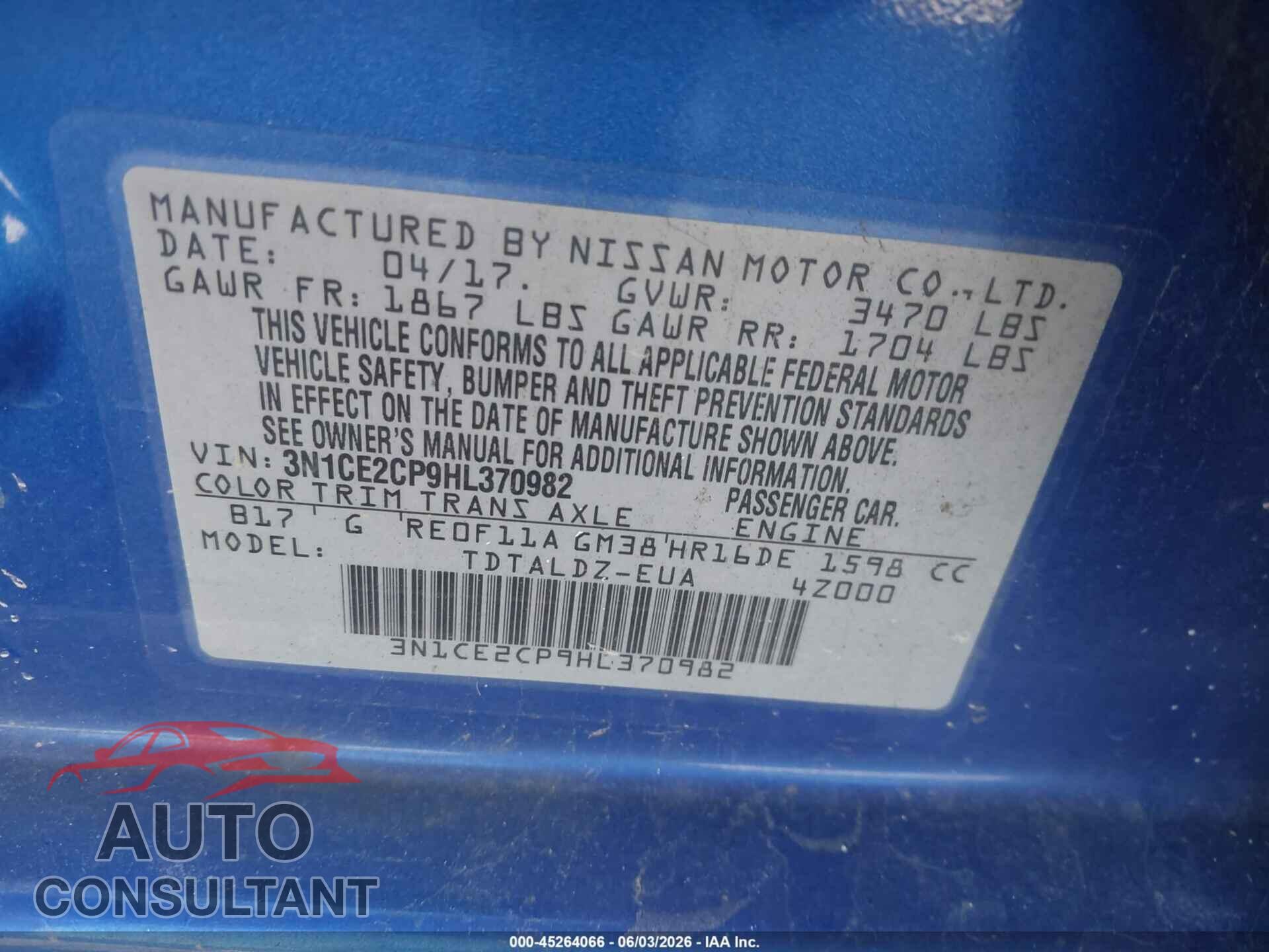 NISSAN VERSA NOTE 2017 - 3N1CE2CP9HL370982
