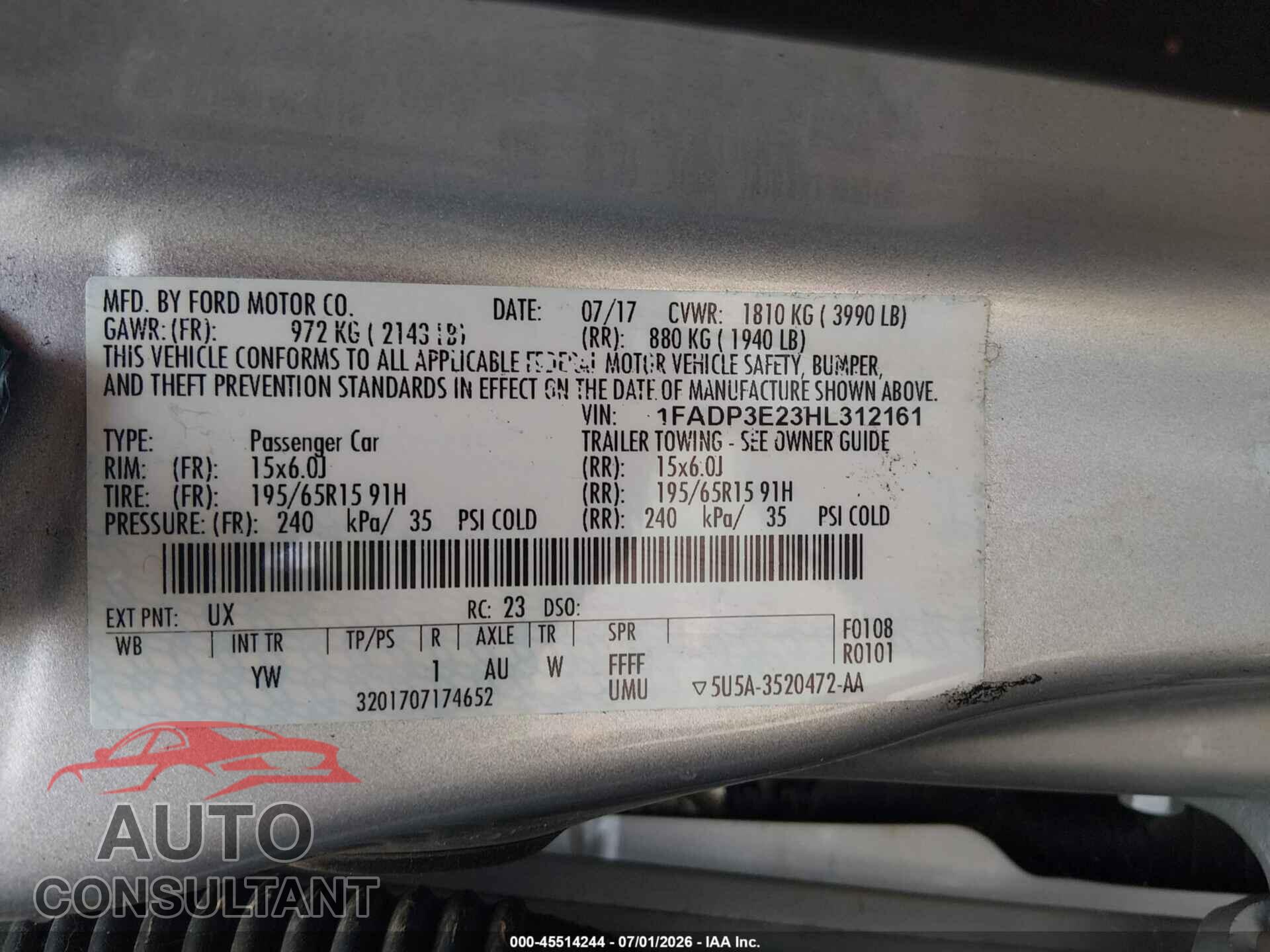FORD FOCUS 2017 - 1FADP3E23HL312161