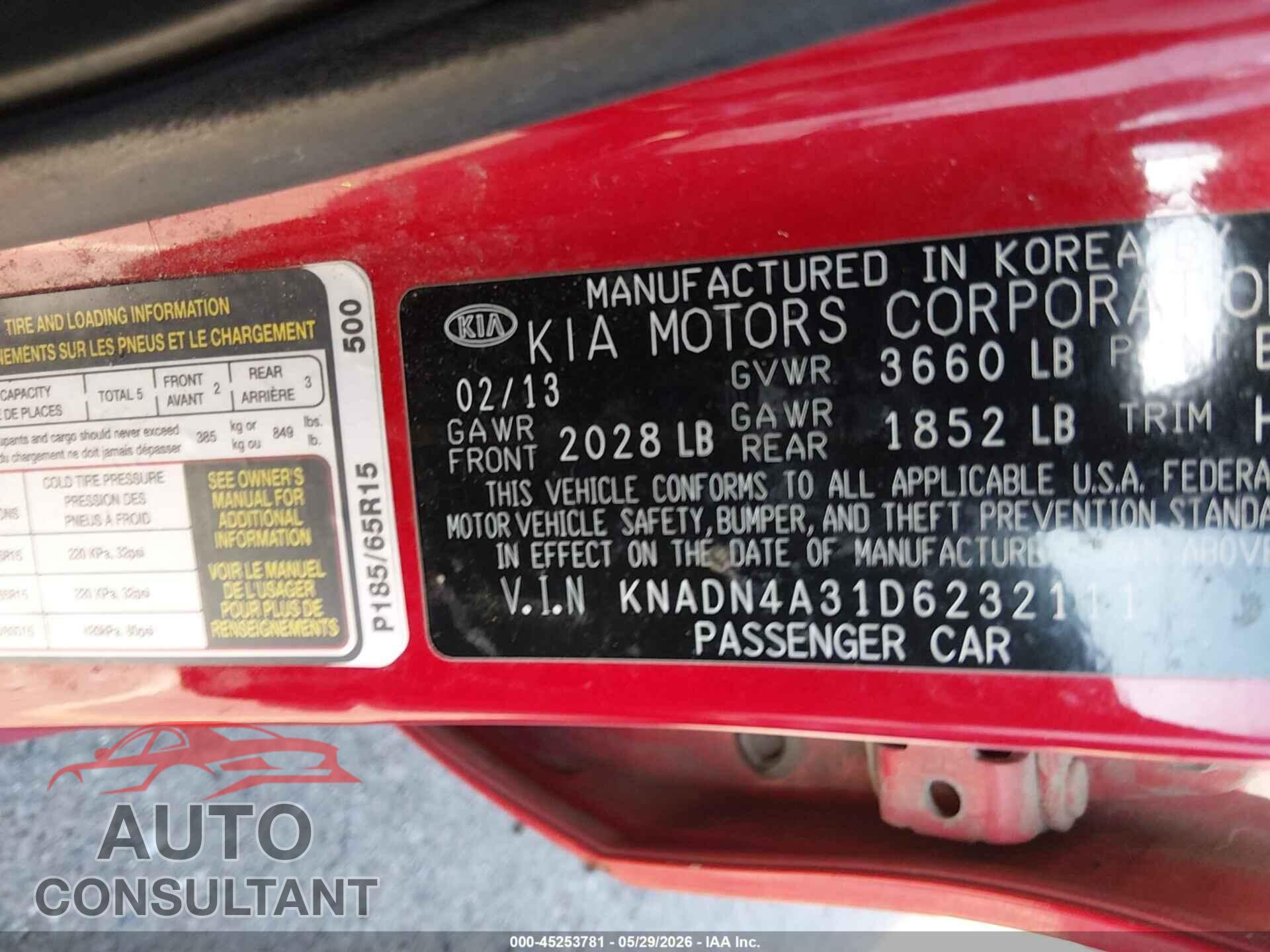 KIA RIO 2013 - KNADN4A31D6232111