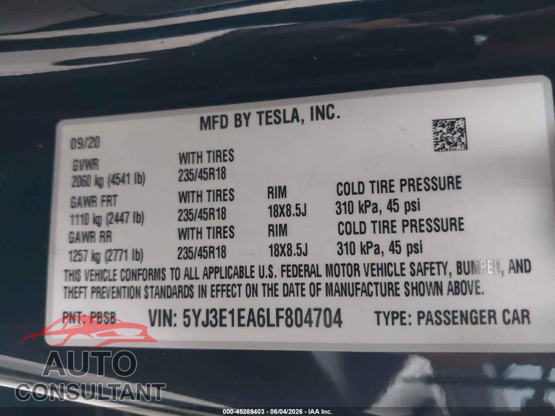 TESLA MODEL 3 2020 - 5YJ3E1EA6LF804704