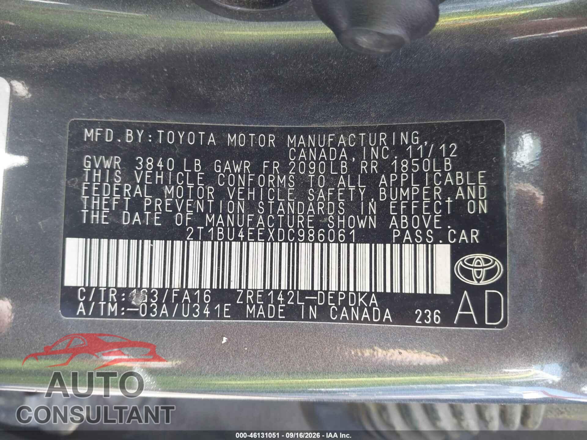 TOYOTA COROLLA 2013 - 2T1BU4EEXDC986061