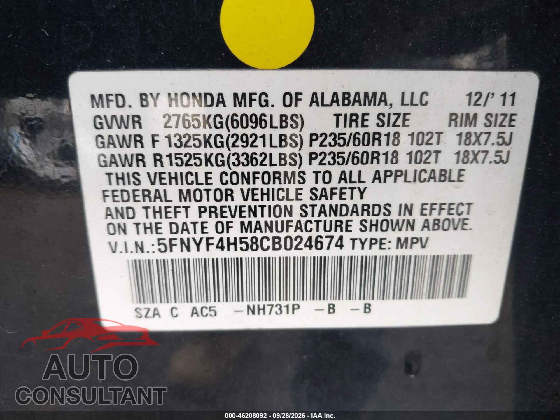 HONDA PILOT 2012 - 5FNYF4H58CB024674