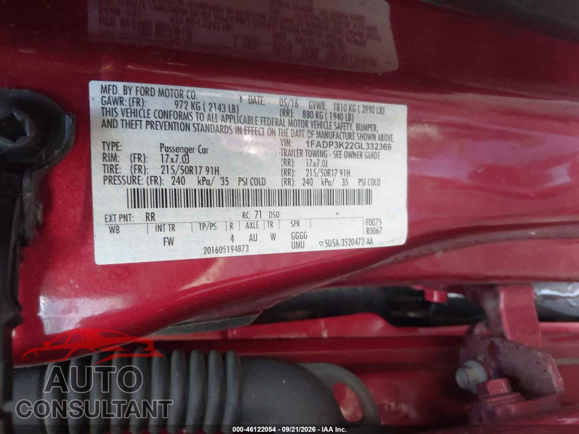 FORD FOCUS 2016 - 1FADP3K22GL332369