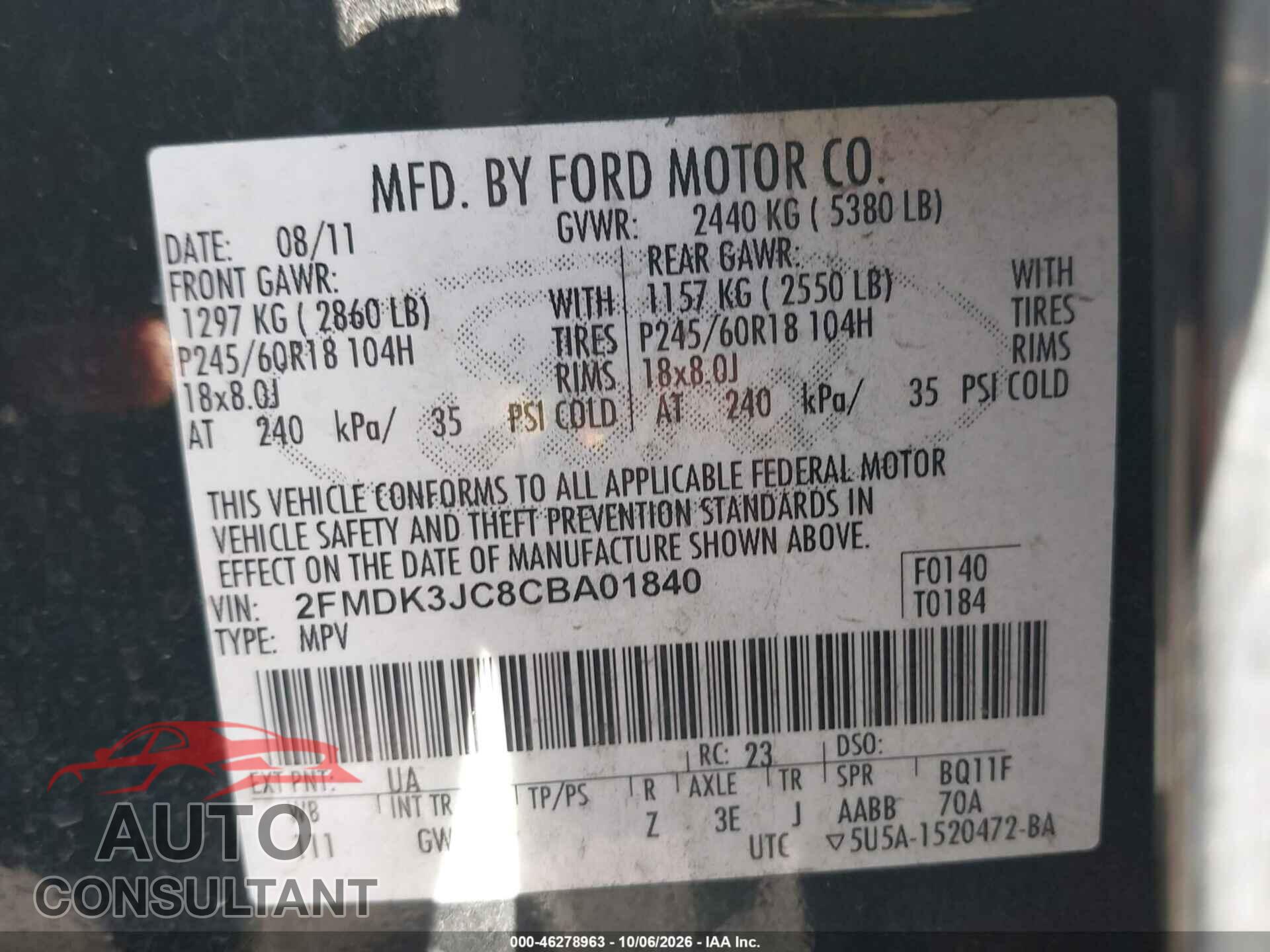 FORD EDGE 2012 - 2FMDK3JC8CBA01840